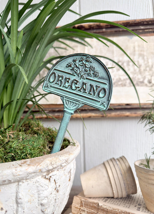 Vintage Brass Oregano Herb Marker Stake, Aged Patina Garden Decor, Rustic Accent