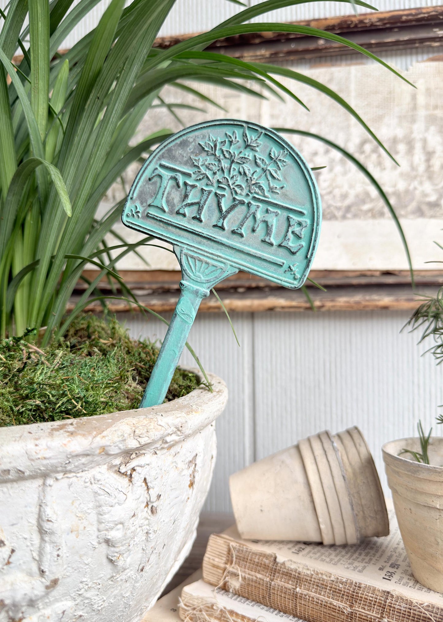 Vintage Brass Thyme Herb Marker Stake, Aged Patina Garden Decor, Rustic Accent
