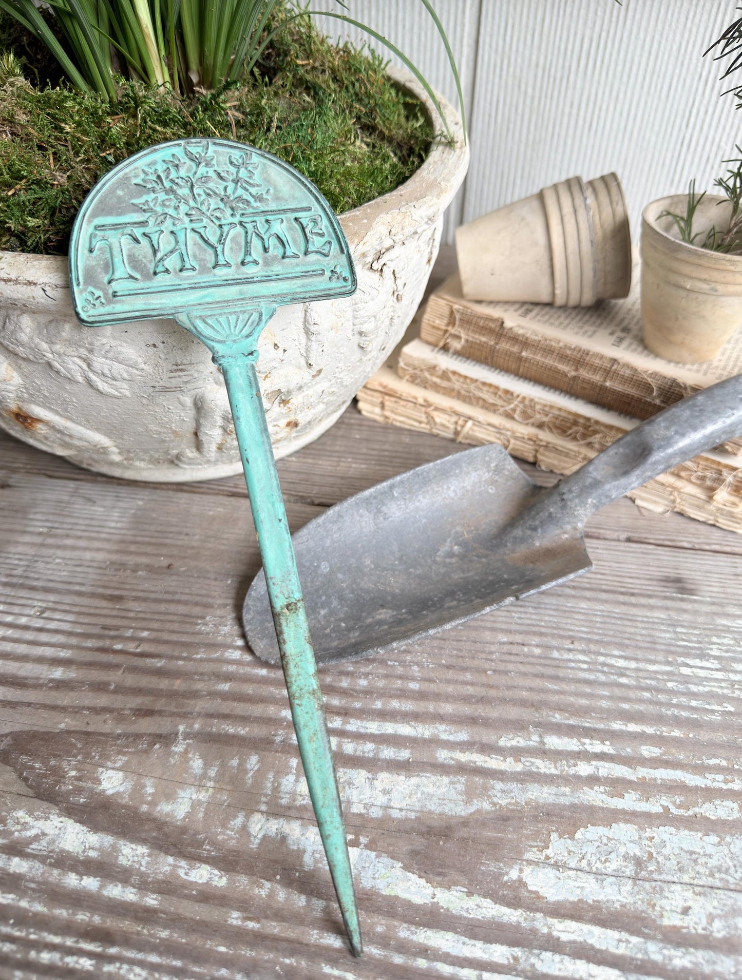 Vintage Brass Thyme Herb Marker Stake, Aged Patina Garden Decor, Rustic Accent