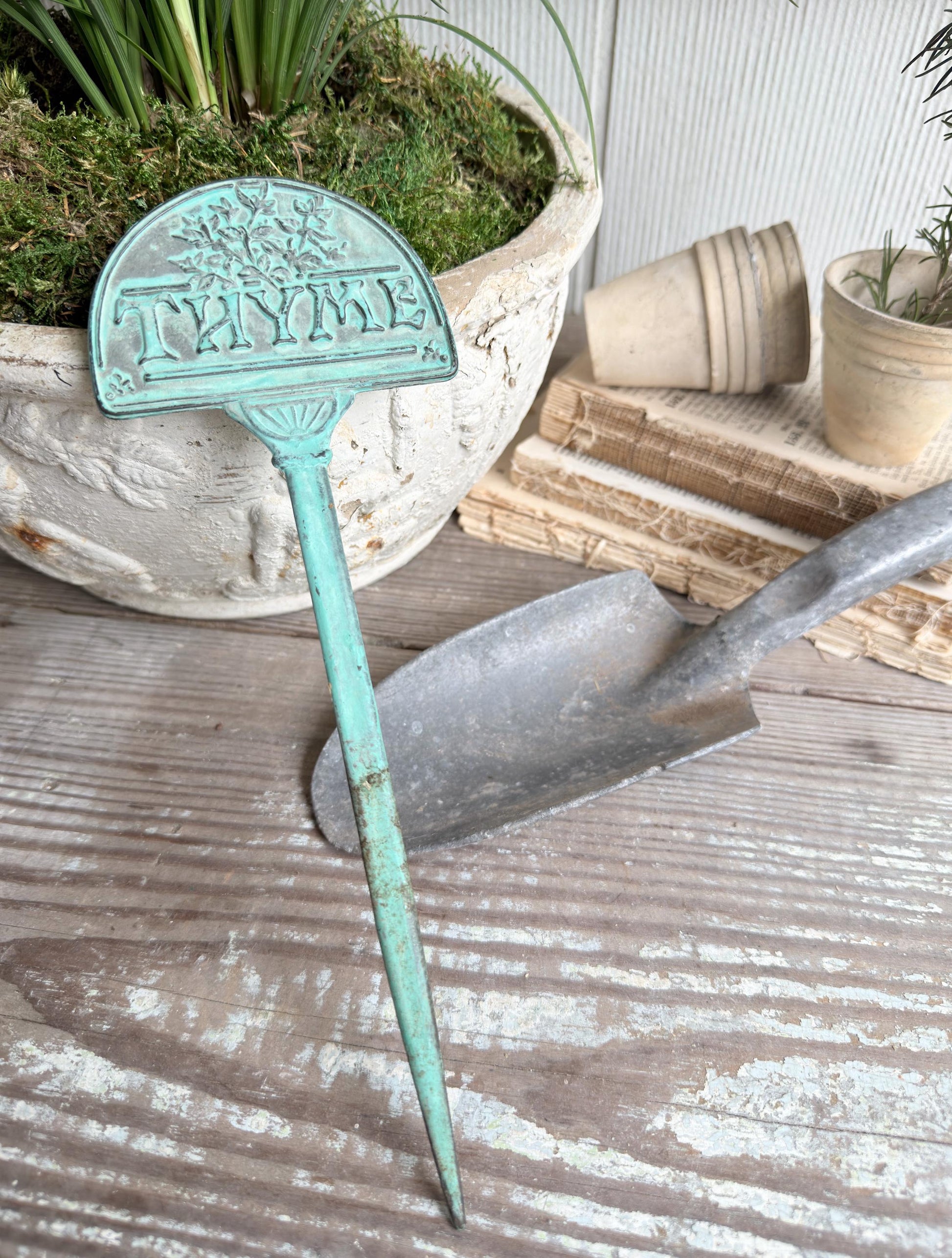 Vintage Brass Thyme Herb Marker Stake, Aged Patina Garden Decor, Rustic Accent