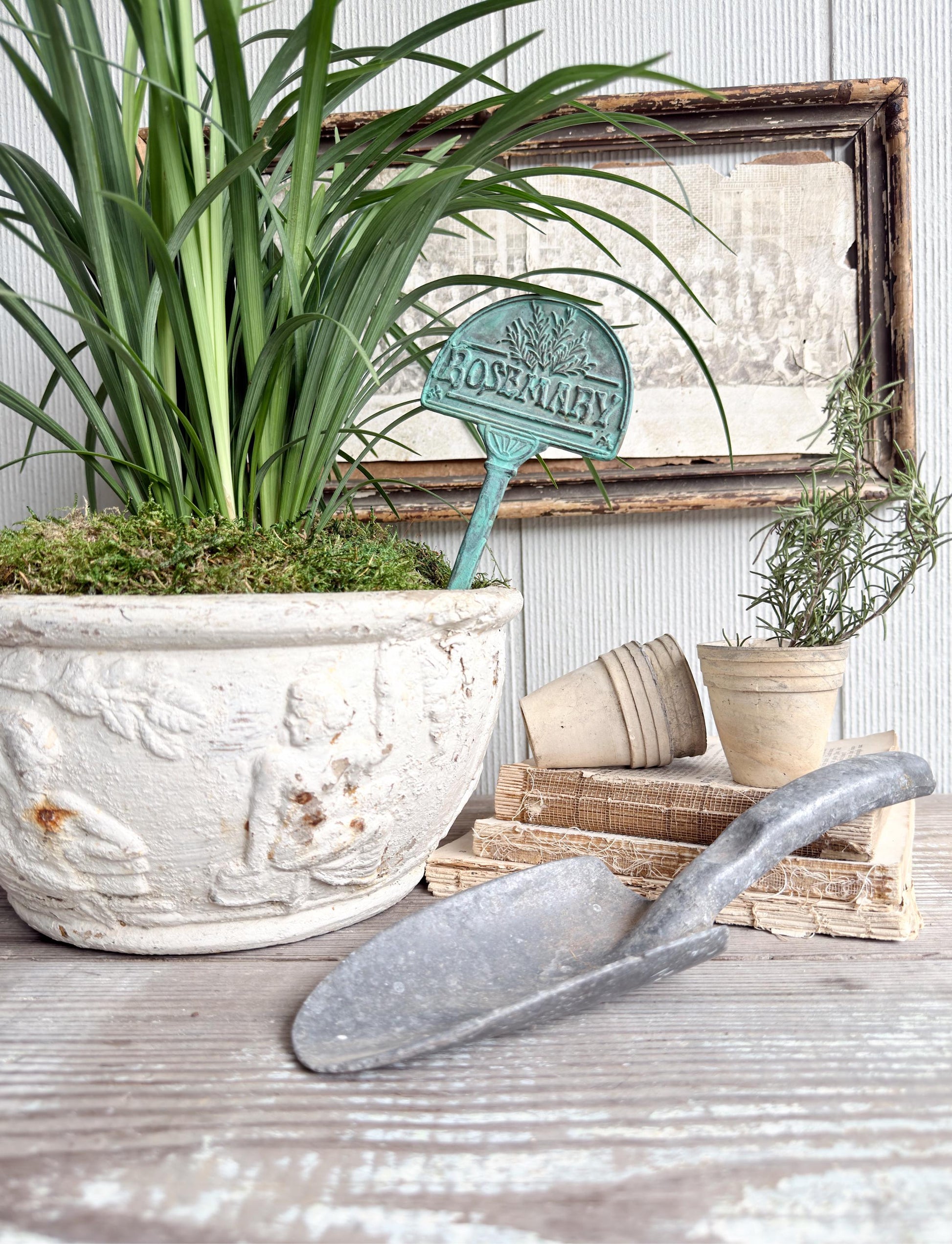 Vintage Brass Rosemary Herb Marker Stake, Aged Patina Garden Decor, Rustic Accent