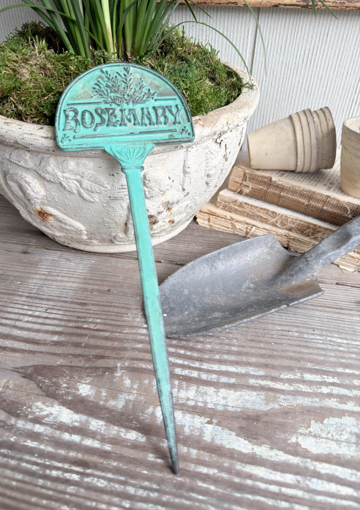 Vintage Brass Rosemary Herb Marker Stake, Aged Patina Garden Decor, Rustic Accent