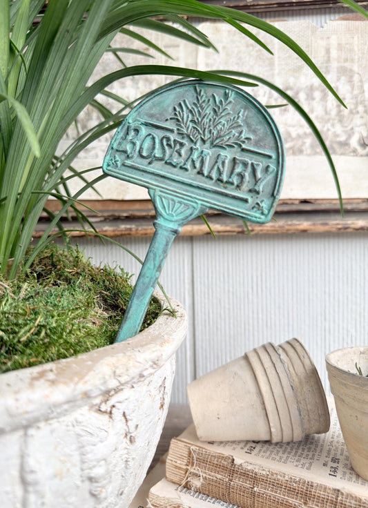 Vintage Brass Rosemary Herb Marker Stake, Aged Patina Garden Decor, Rustic Accent