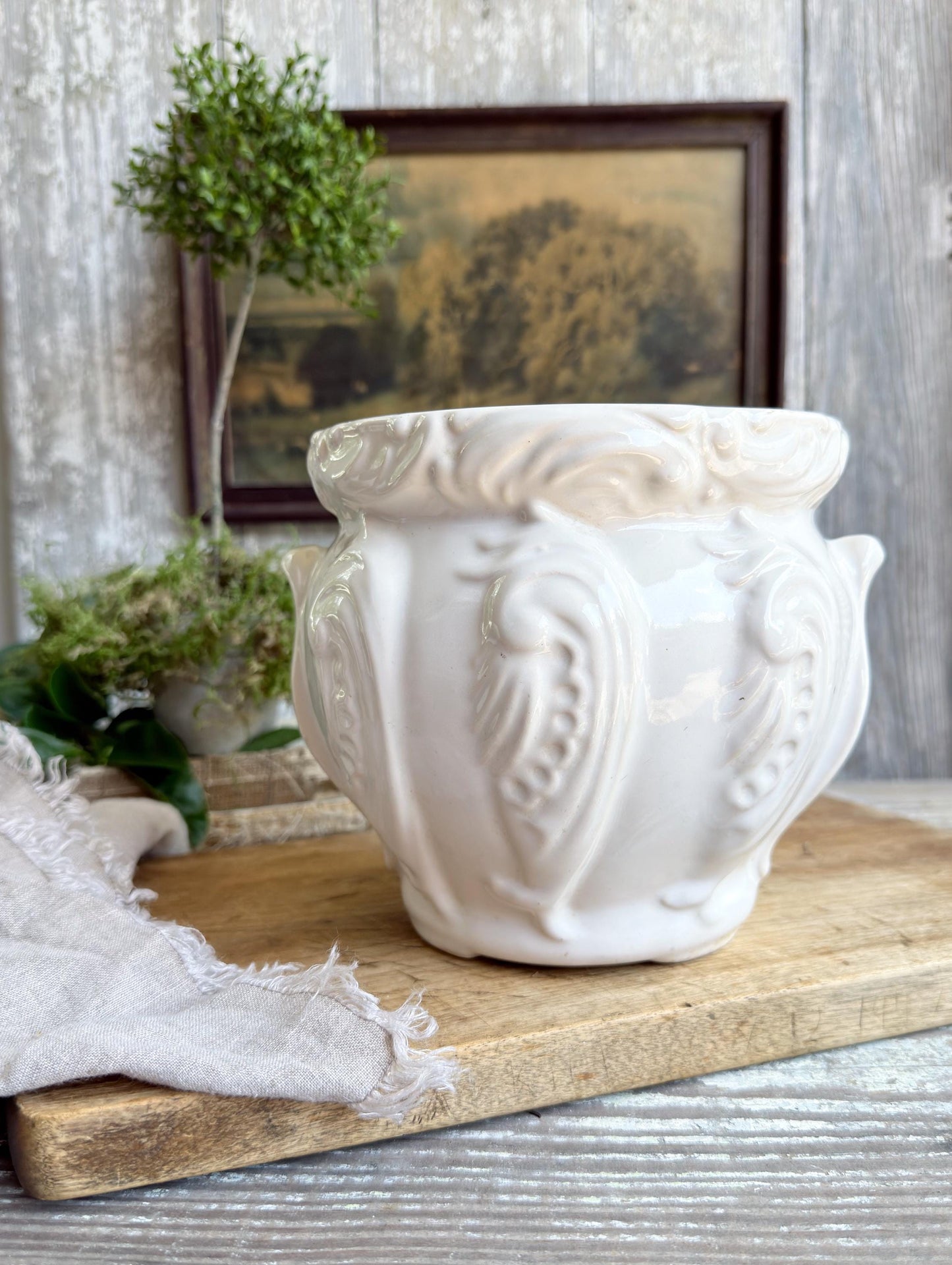 White French Pottery Planter, Vintage Farmhouse Cache Pot, Vessel