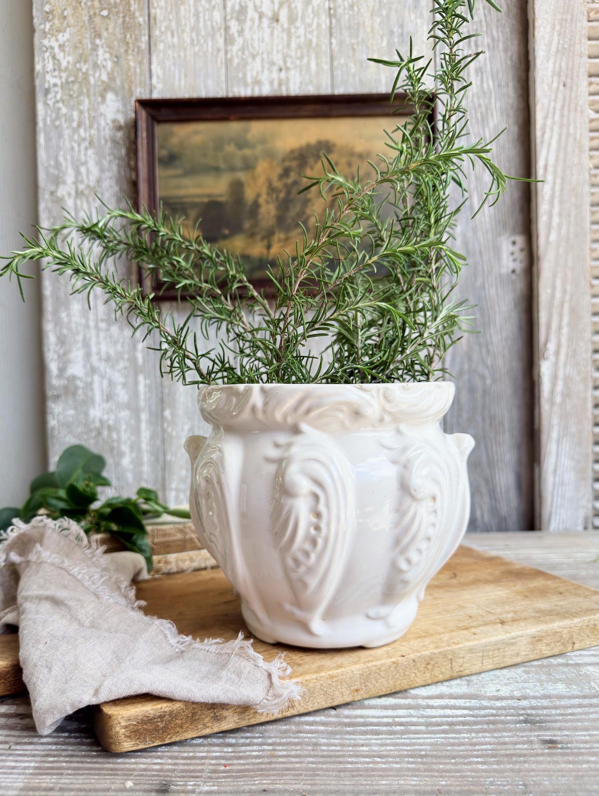 White French Pottery Planter, Vintage Farmhouse Cache Pot, Vessel