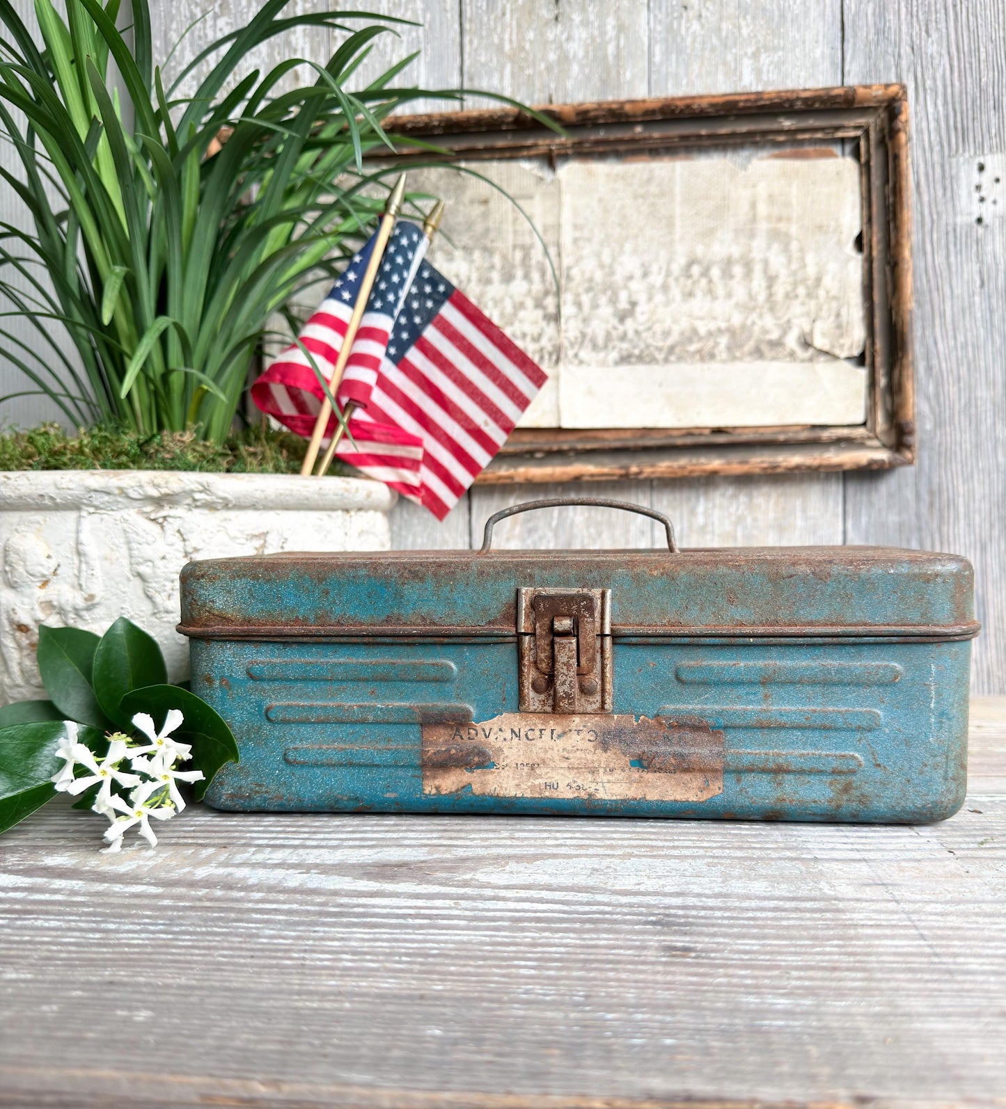 Vintage Blue Metal Tool Box Primitive Industrial Storage Tackle