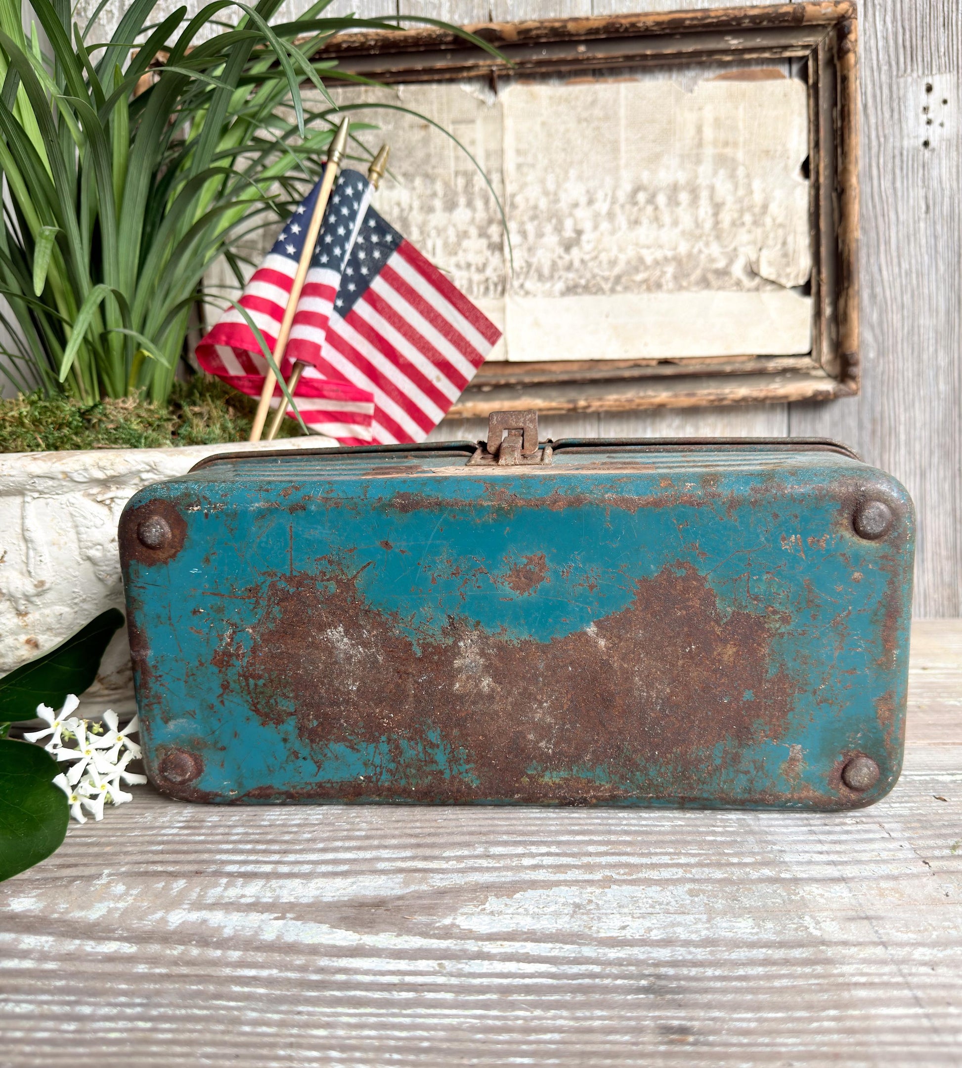 Vintage Blue Metal Tool Box Primitive Industrial Storage Tackle
