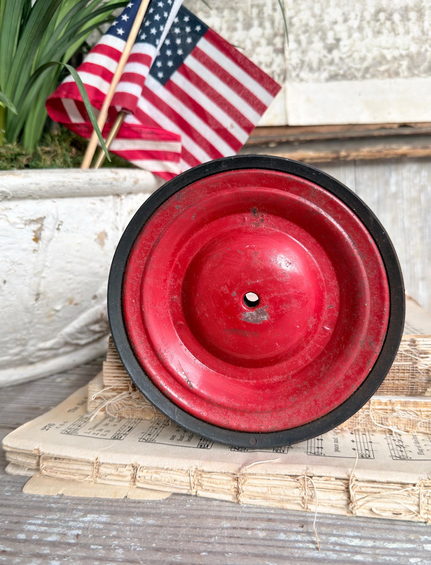 Vintage RED Metal Pully Wheel Cart Industrial Salvage Americana Farmhouse Decor