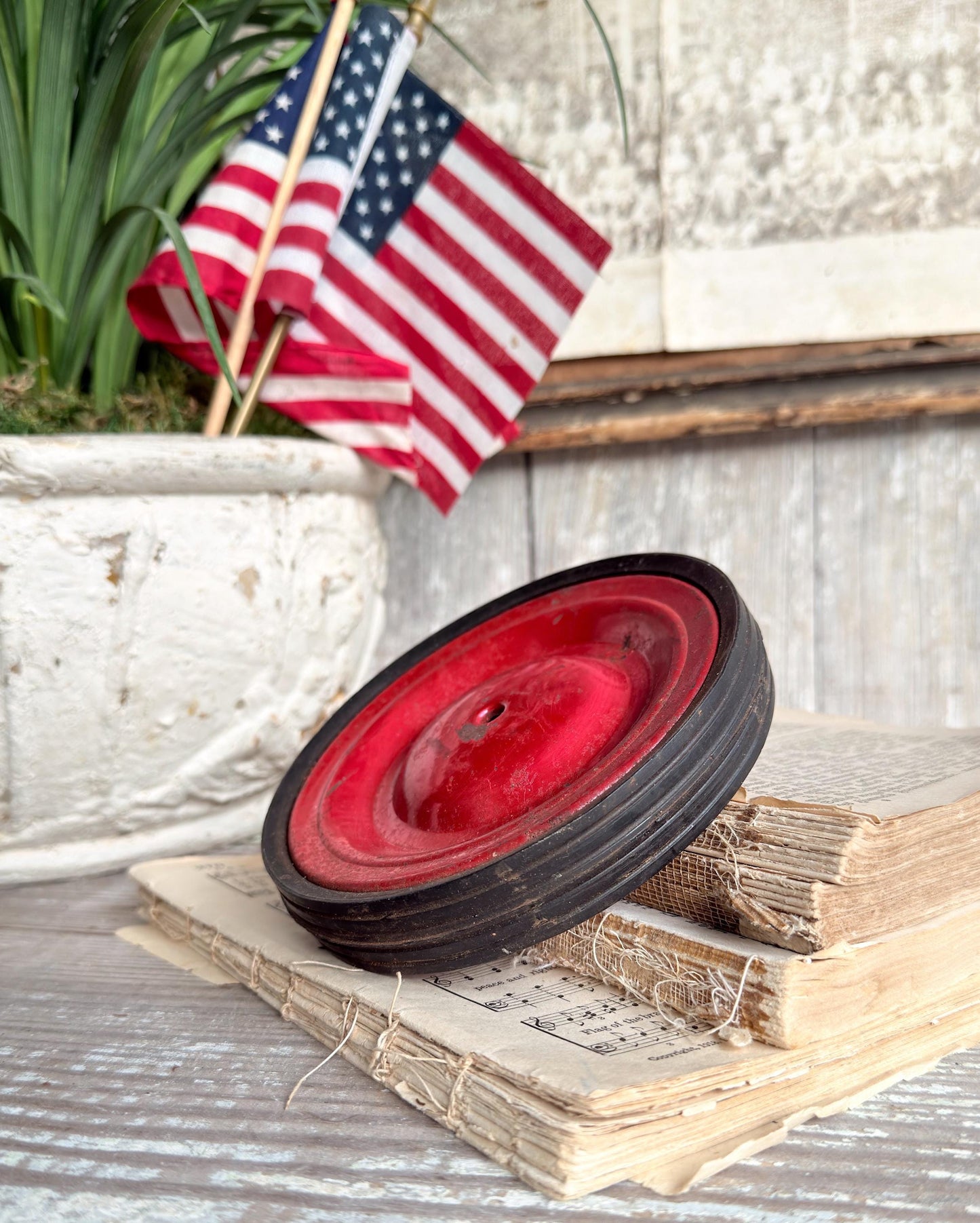 Vintage RED Metal Pully Wheel Cart Industrial Salvage Americana Farmhouse Decor