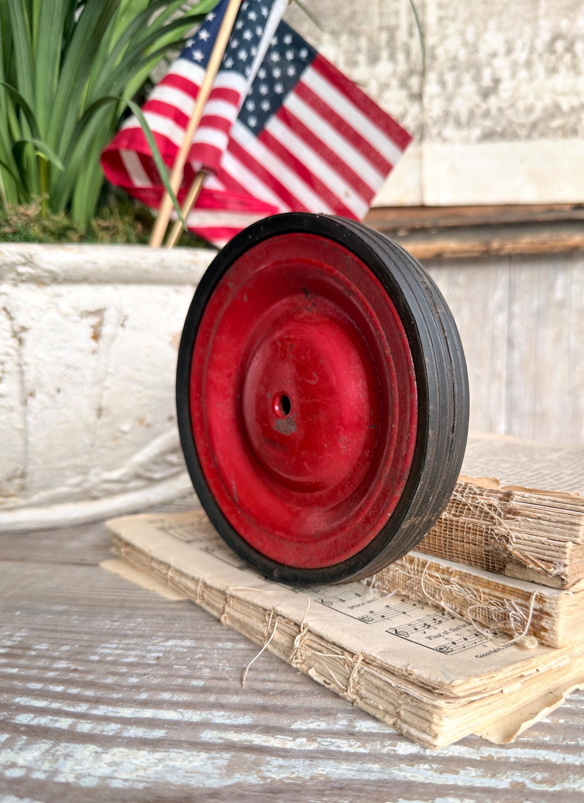 Vintage RED Metal Pully Wheel Cart Industrial Salvage Americana Farmhouse Decor