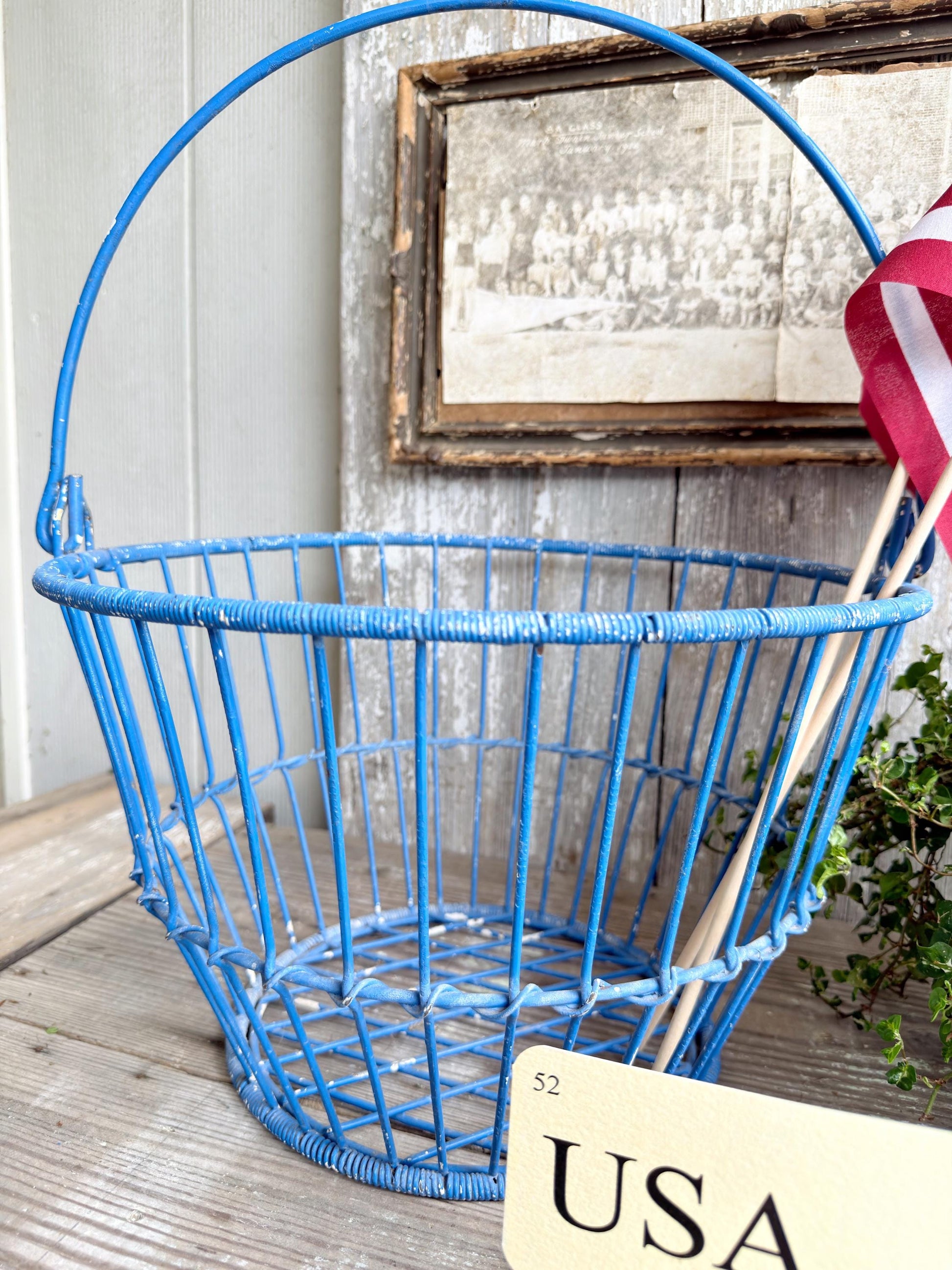 Vintage Wire Metal Egg Basket Blue Chippy Americana Farmhouse Decor