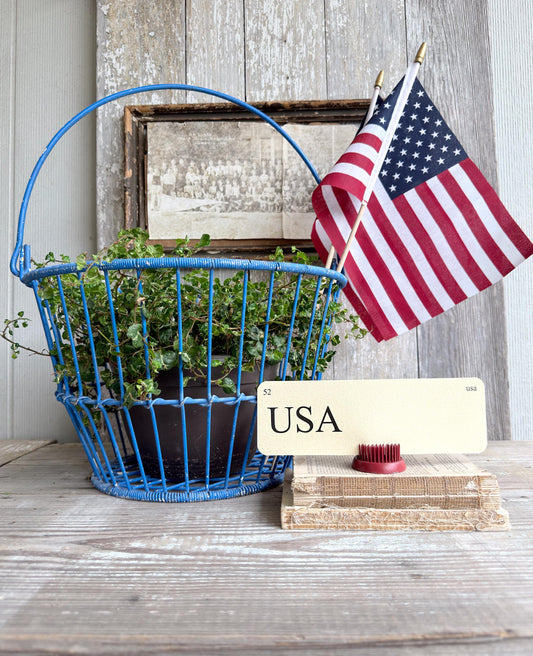 Vintage Wire Metal Egg Basket Blue Chippy Americana Farmhouse Decor