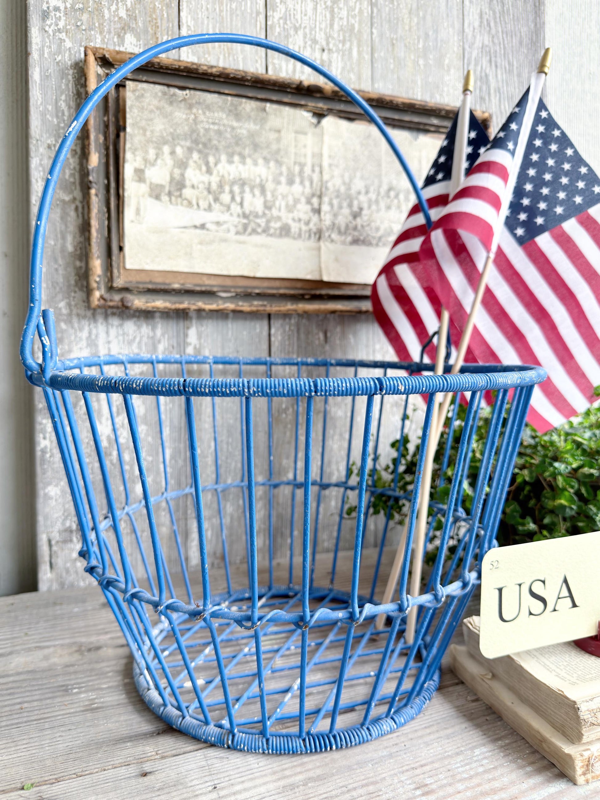 Vintage Wire Metal Egg Basket Blue Chippy Americana Farmhouse Decor