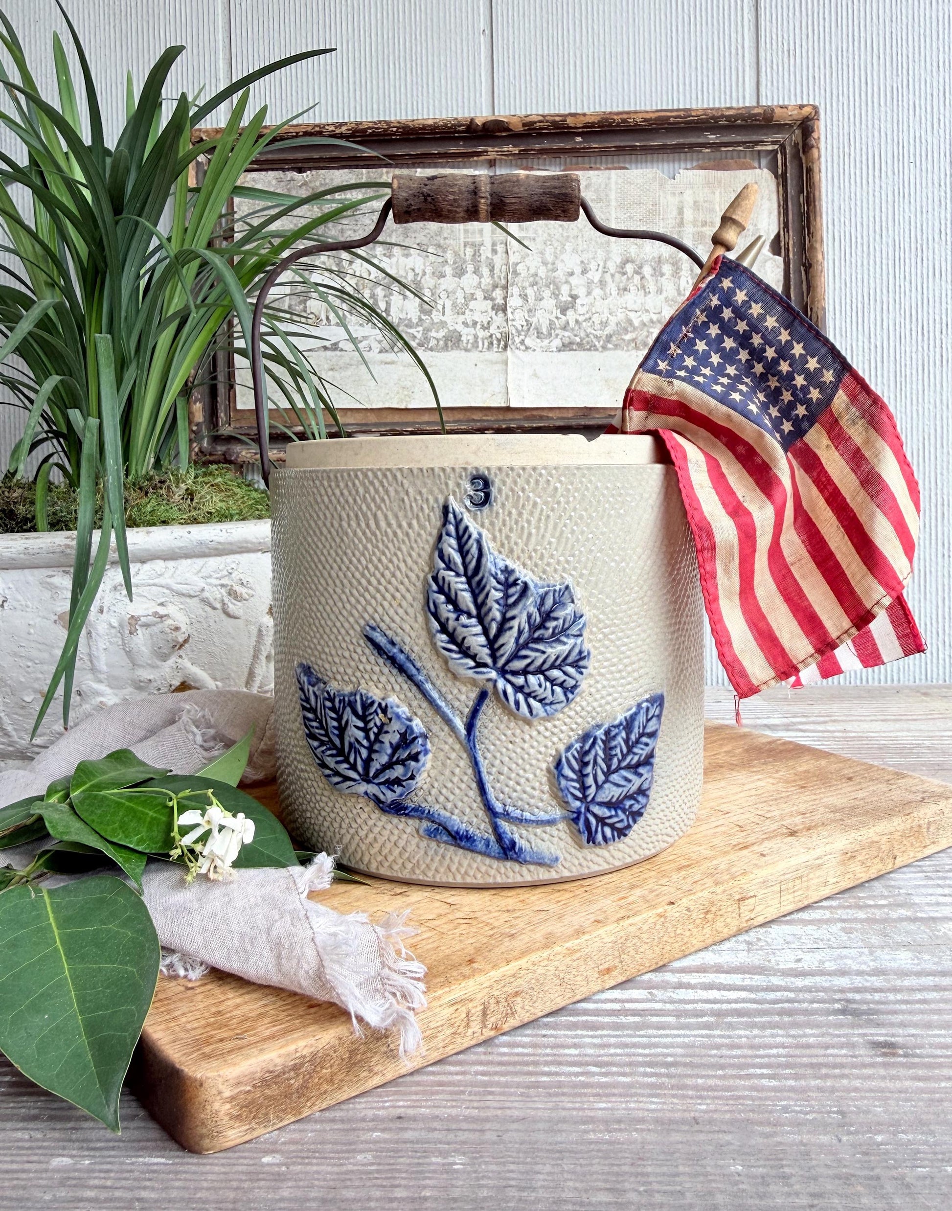Antique Salt Glaze Butter Crock White’s Utica NY Cobalt Blue Stoneware Jar
