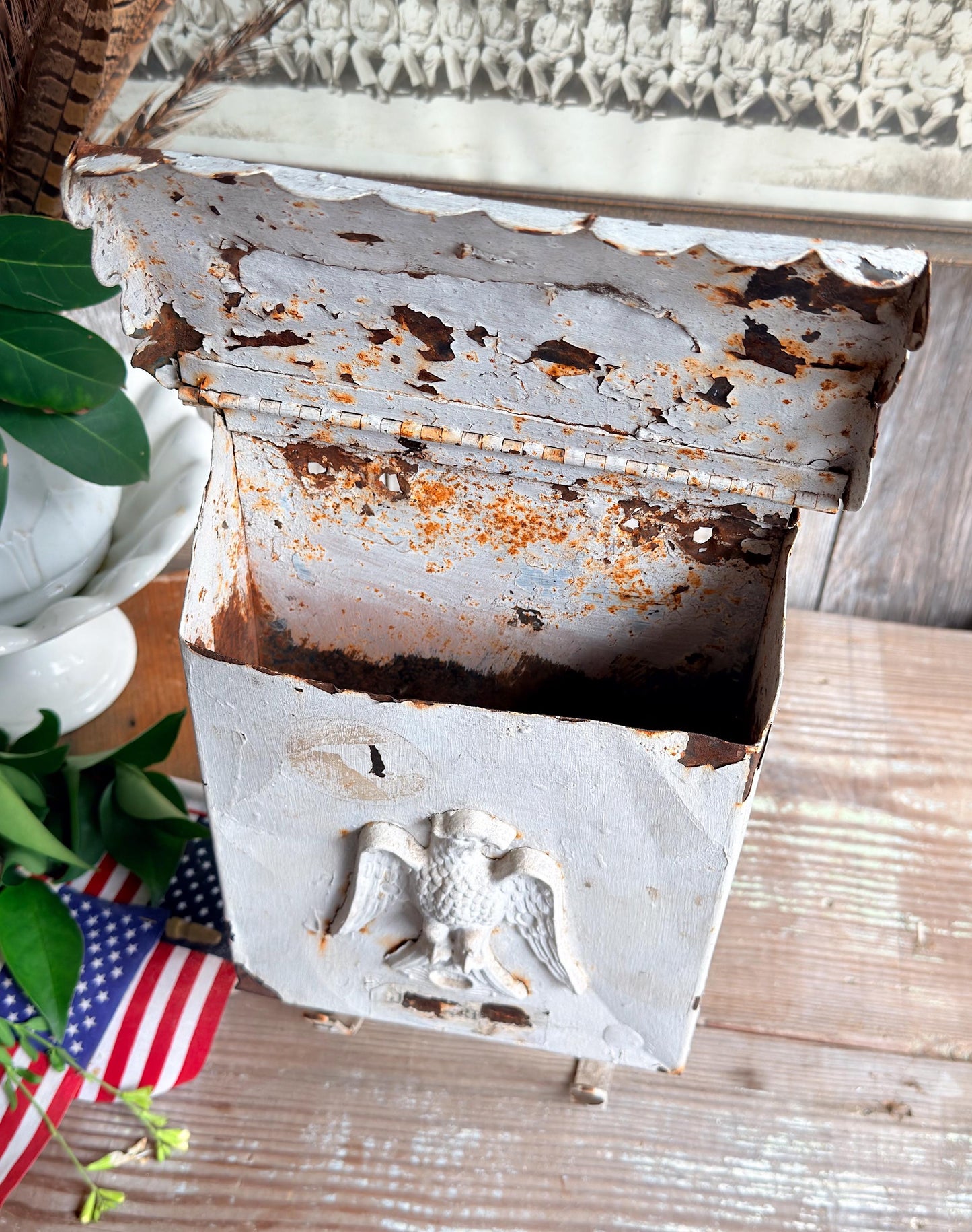 Vintage Metal Eagle Mailbox, Chippy White Primitive Americana Wall Decor