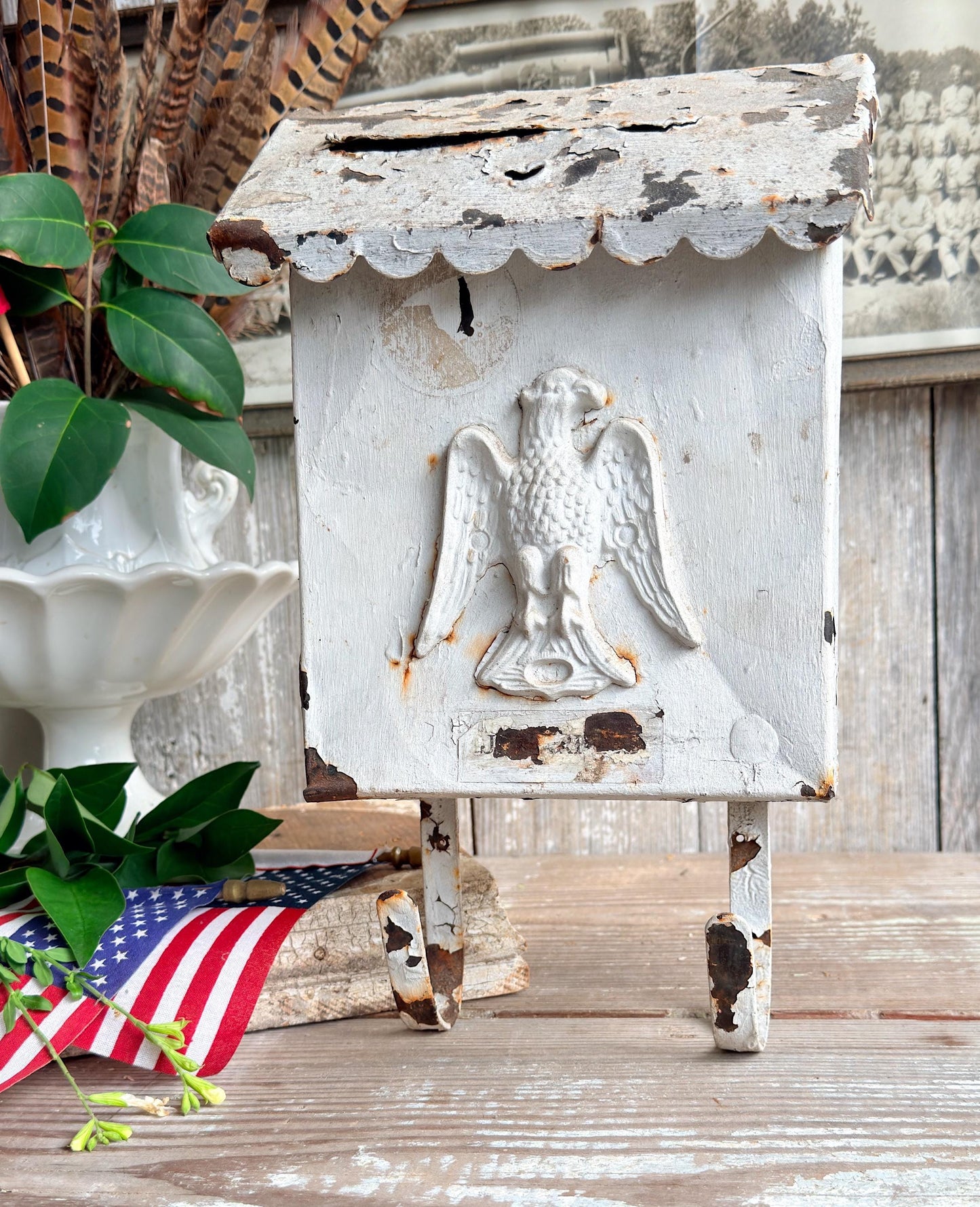 Vintage Metal Eagle Mailbox, Chippy White Primitive Americana Wall Decor