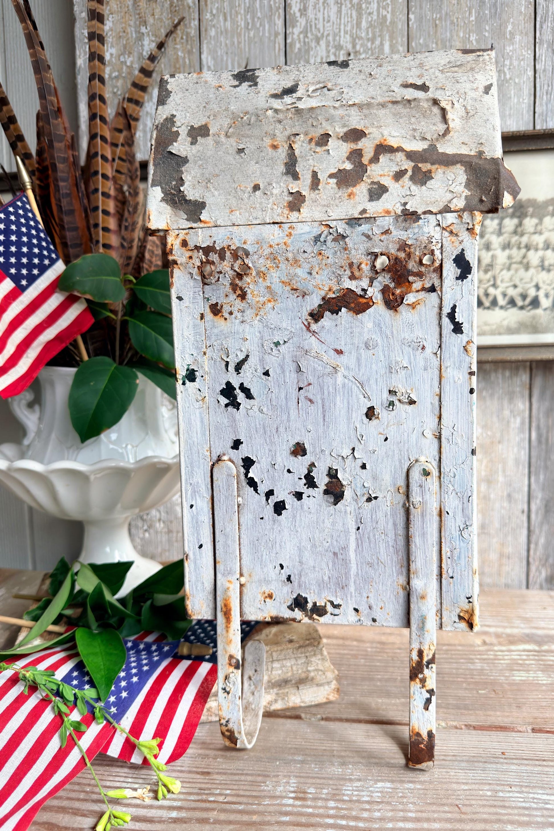 Vintage Metal Eagle Mailbox, Chippy White Primitive Americana Wall Decor