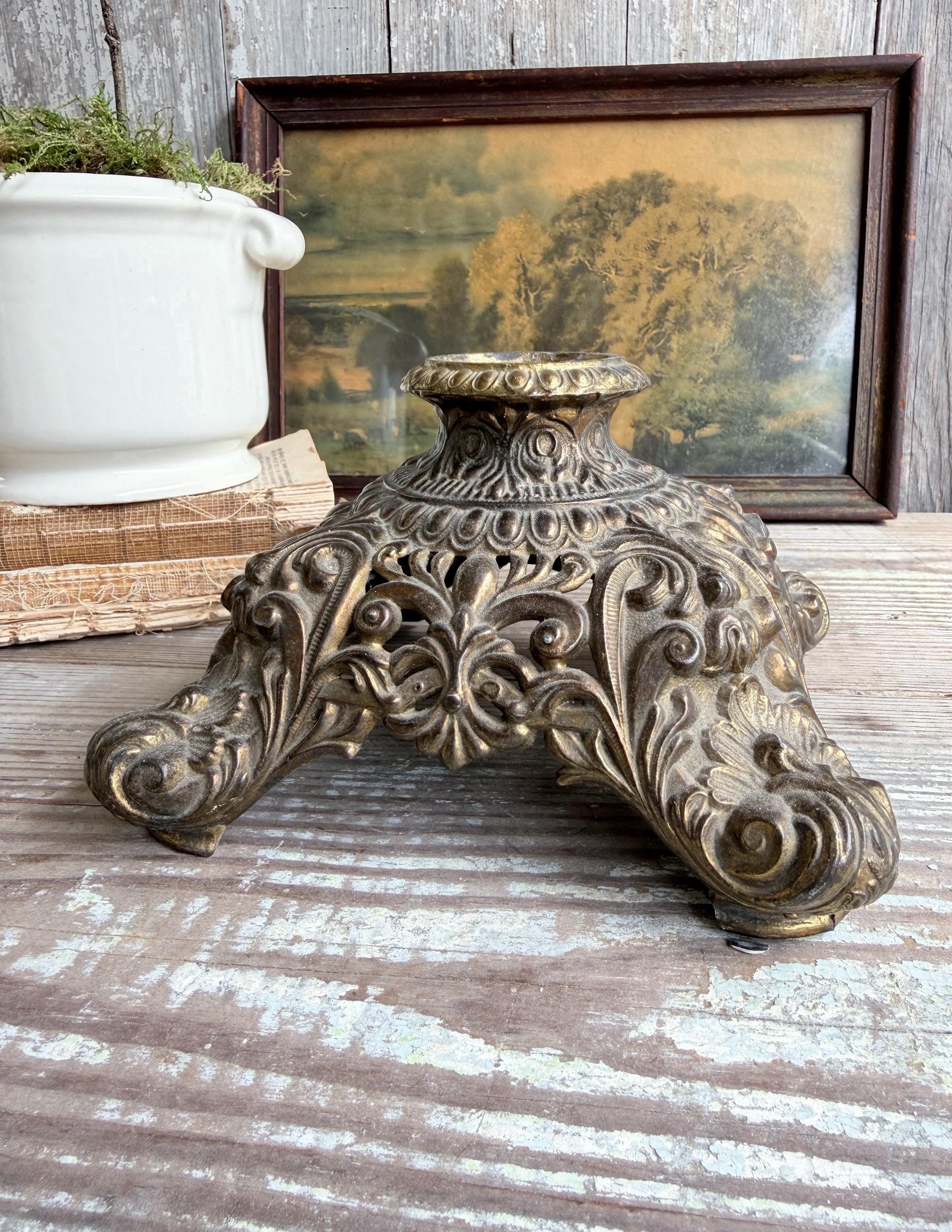 Antique Brass Lamp Base Part Pedestal Stand, Primitive Decor