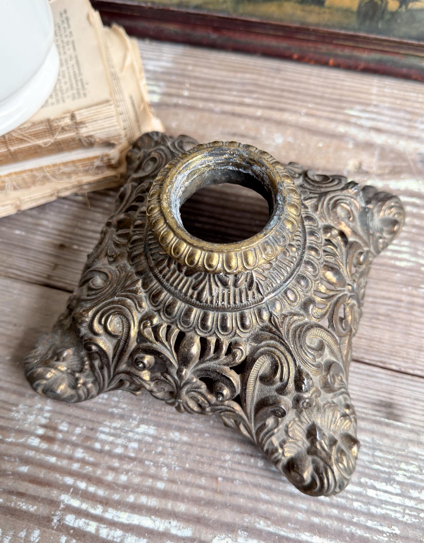 Antique Brass Lamp Base Part Pedestal Stand, Primitive Decor