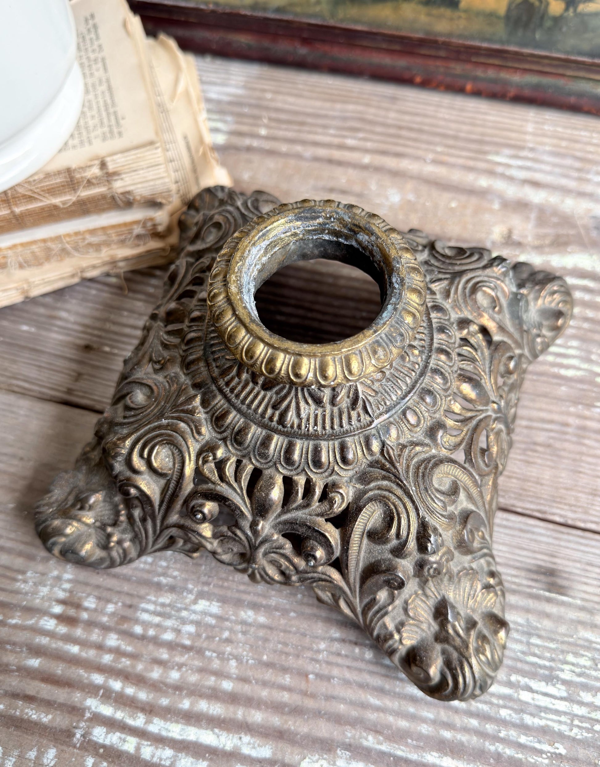 Antique Brass Lamp Base Part Pedestal Stand, Primitive Decor