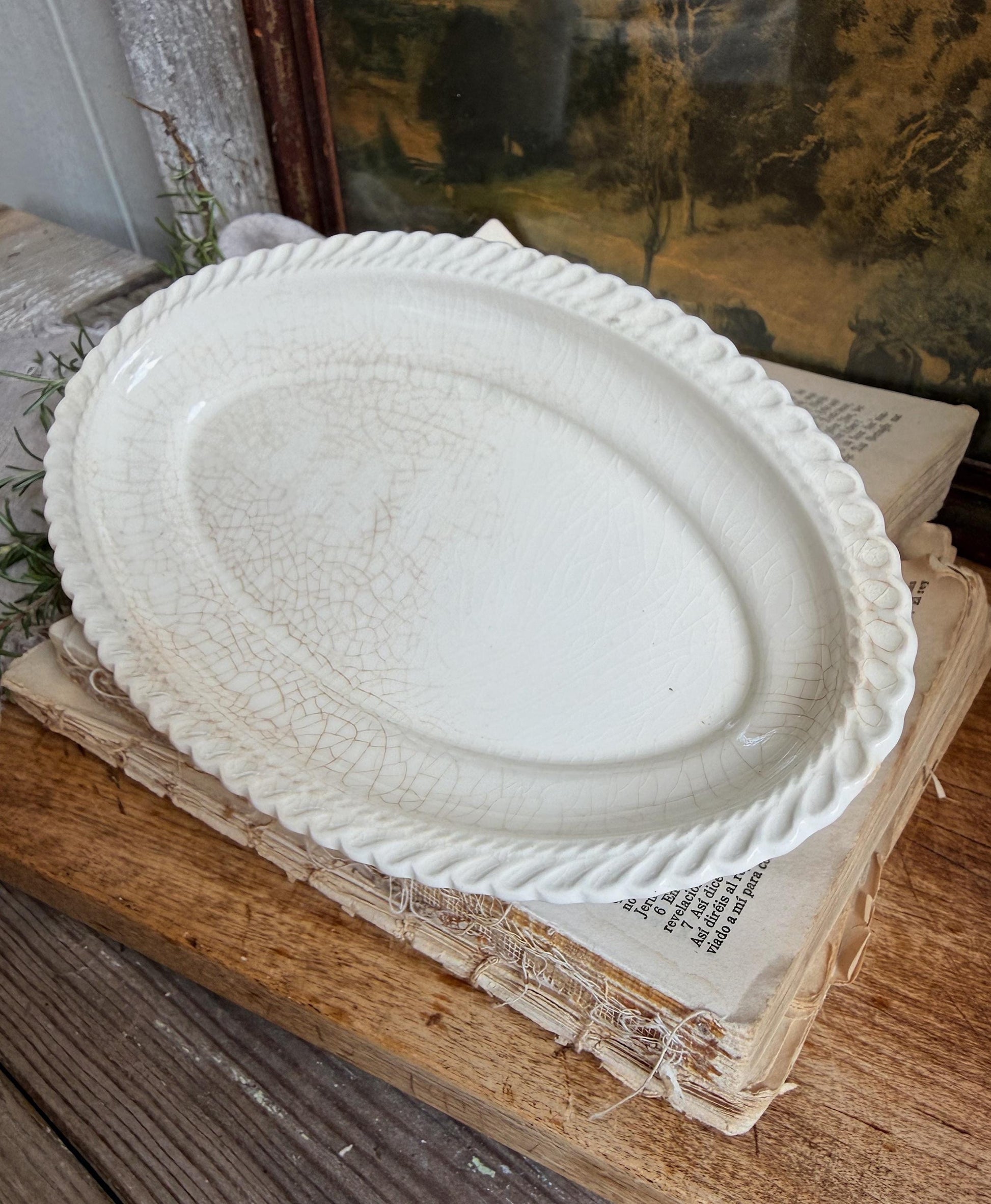 Antique Ironstone Platter, White Crazed Farmhouse Serving Plate Soap Trinket