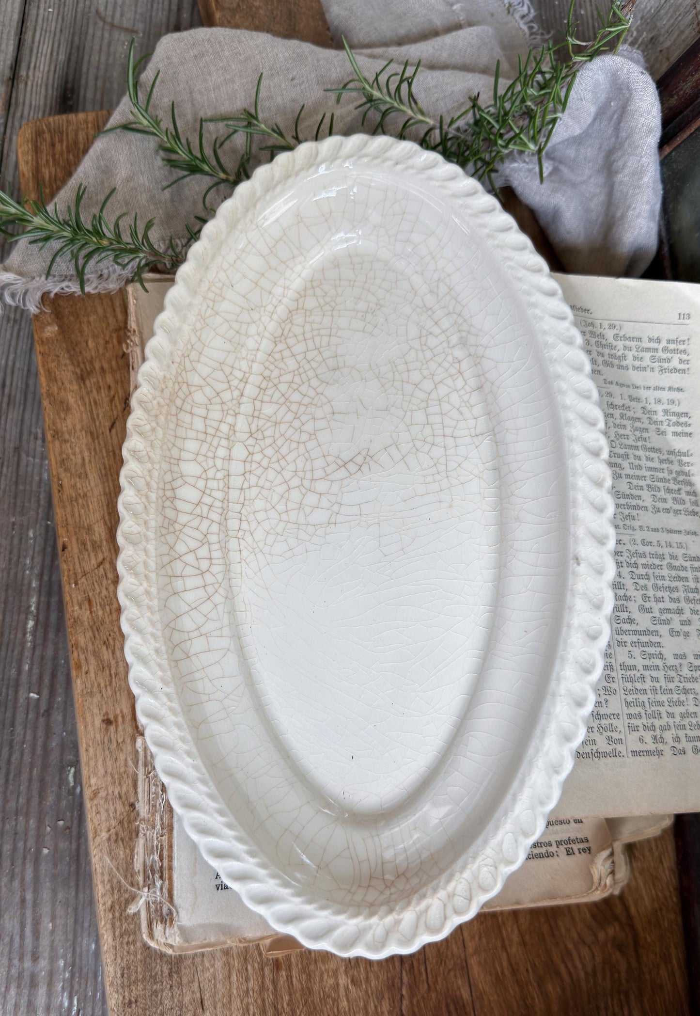Antique Ironstone Platter, White Crazed Farmhouse Serving Plate Soap Trinket