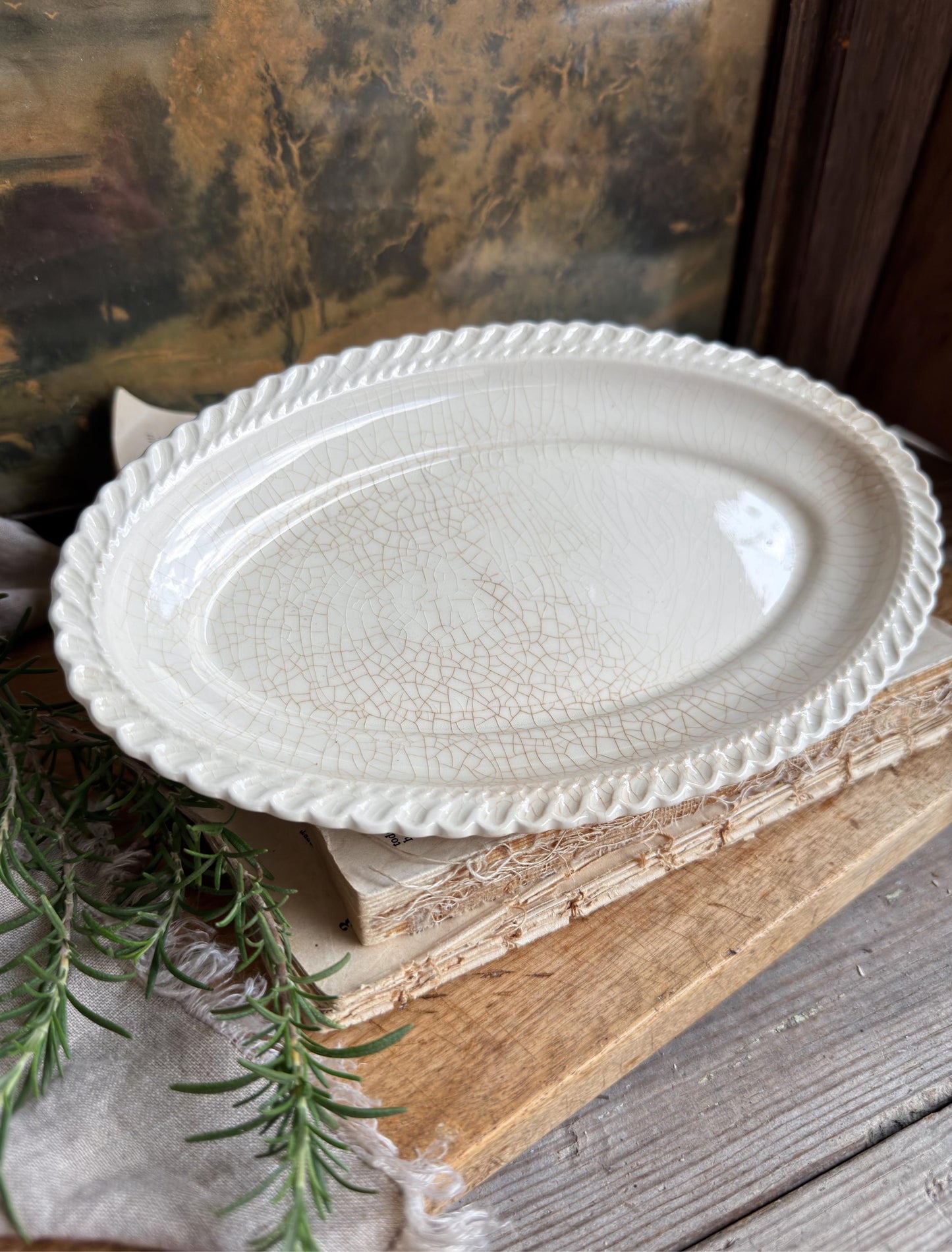 Antique Ironstone Platter, White Crazed Farmhouse Serving Plate Soap Trinket
