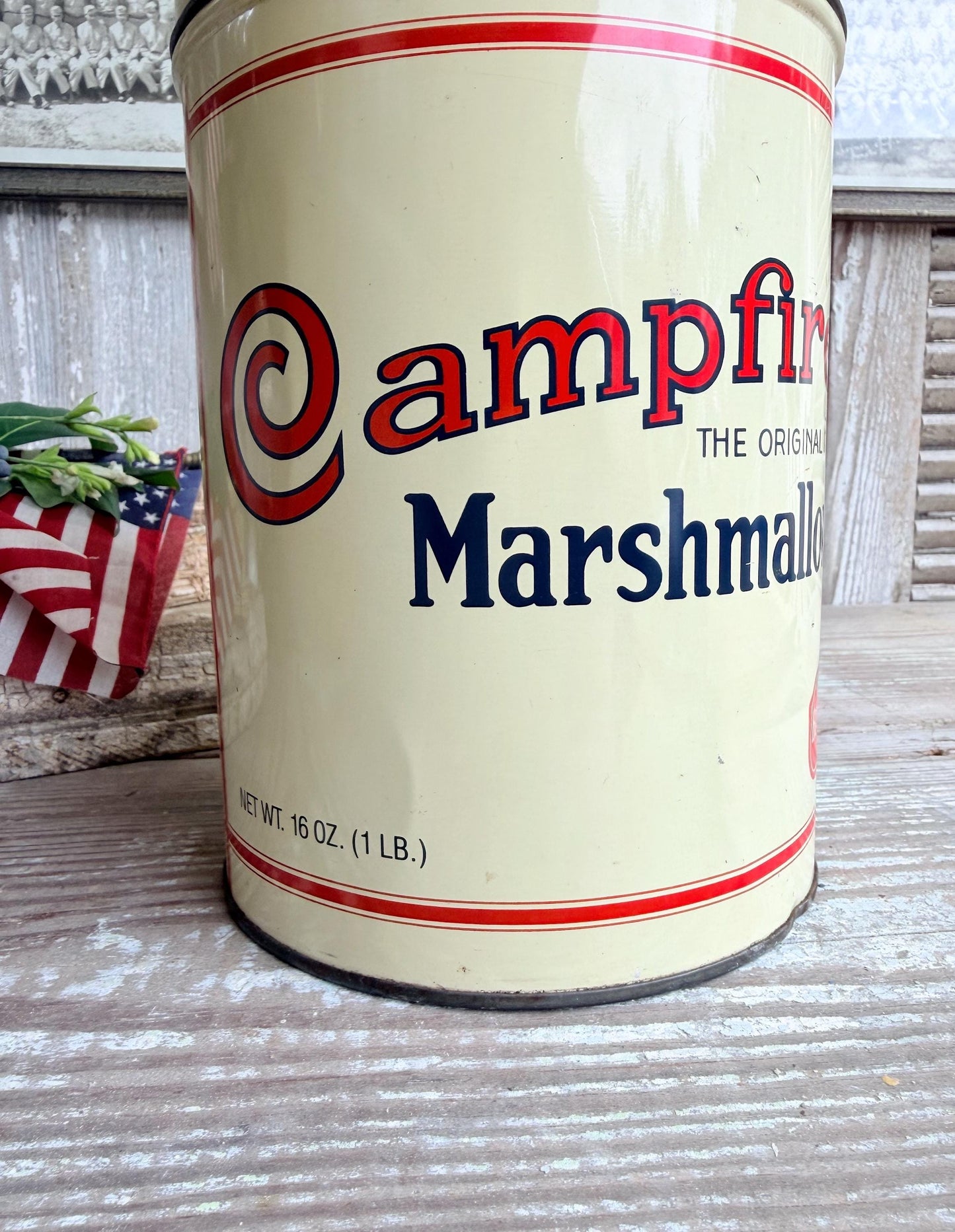 Vintage CAMPFIRE MARSHMALLOWS Tin Can Americana Farmhouse Decor