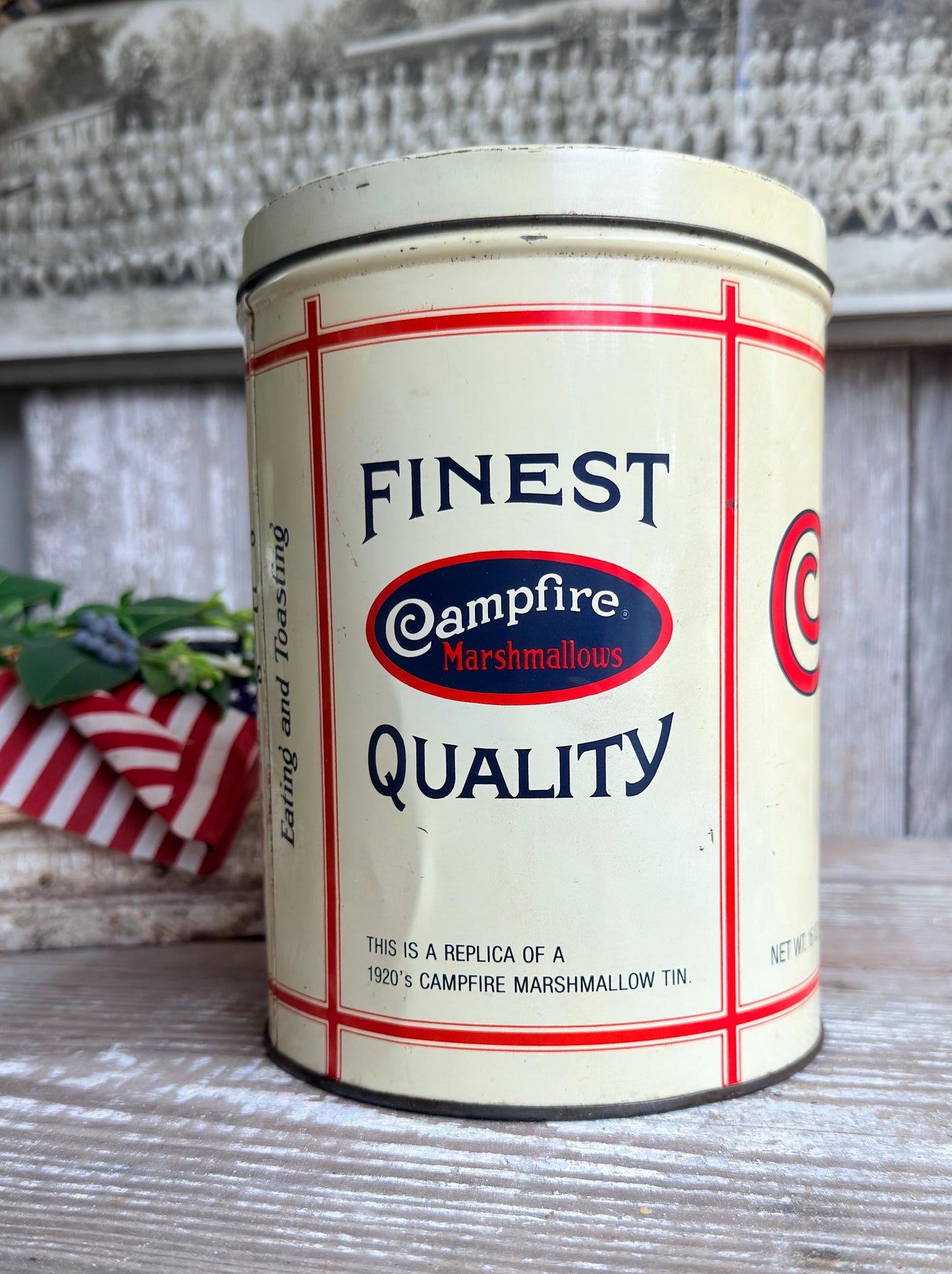 Vintage CAMPFIRE MARSHMALLOWS Tin Can Americana Farmhouse Decor