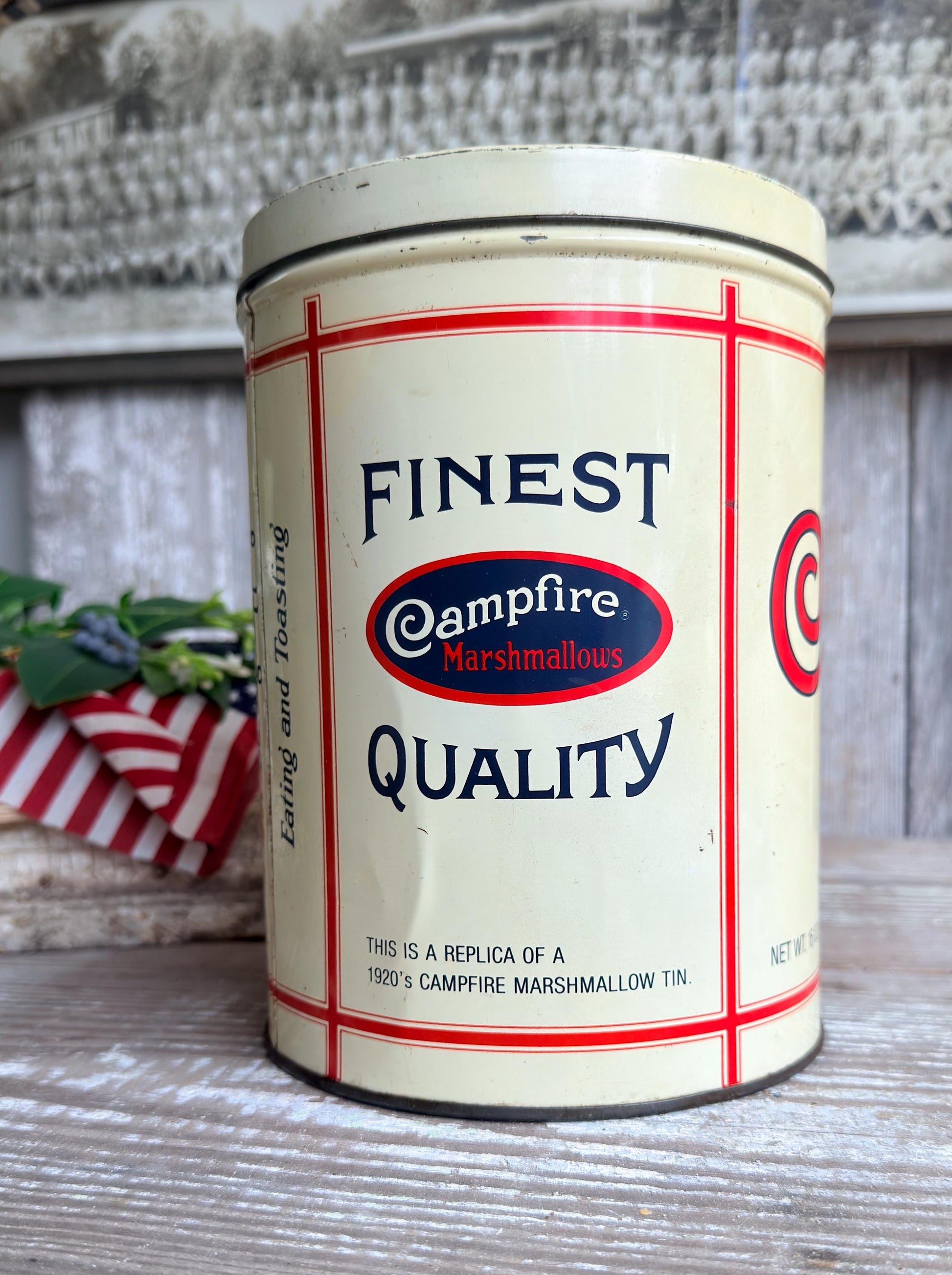 Vintage CAMPFIRE MARSHMALLOWS Tin Can Americana Farmhouse Decor