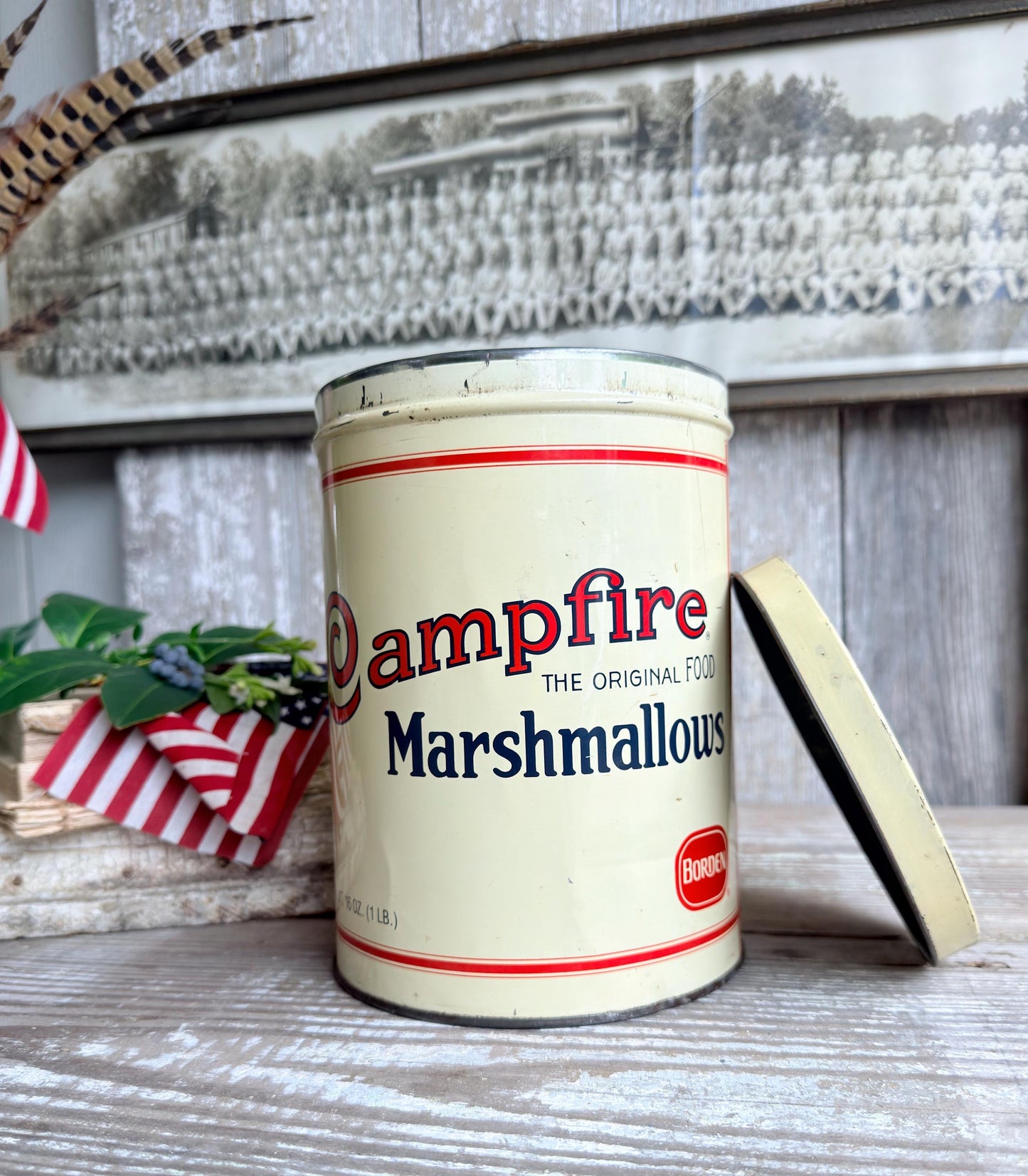 Vintage CAMPFIRE MARSHMALLOWS Tin Can Americana Farmhouse Decor