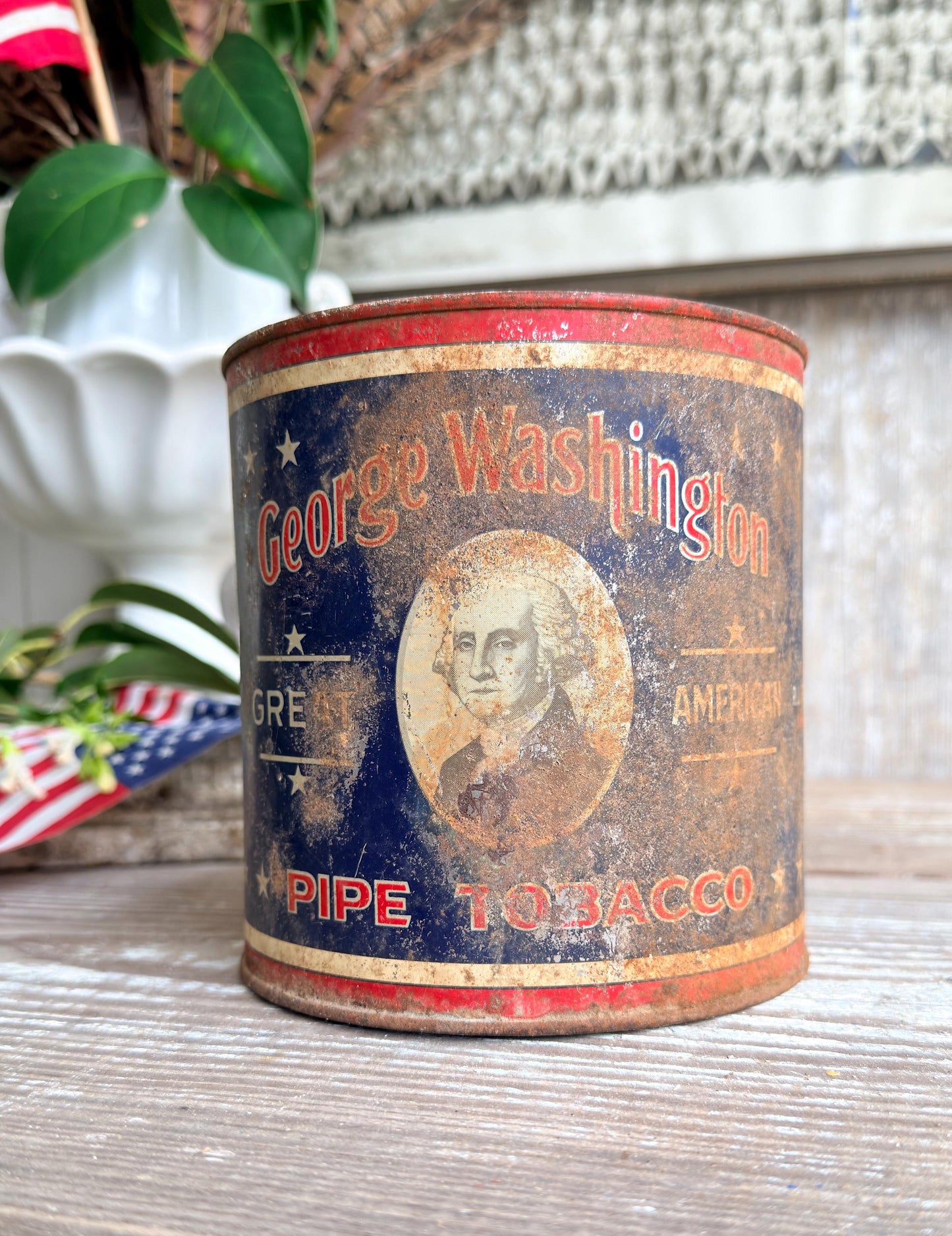 Vintage Washington Tobacco Tin Americana Patriotic Decor, Antique Advertising Canister, Rustic Farmhouse Storage
