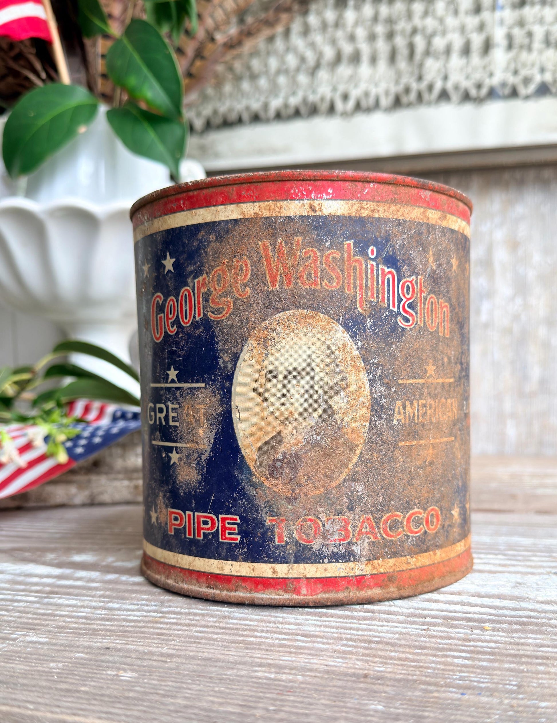 Vintage Washington Tobacco Tin Americana Patriotic Decor, Antique Advertising Canister, Rustic Farmhouse Storage