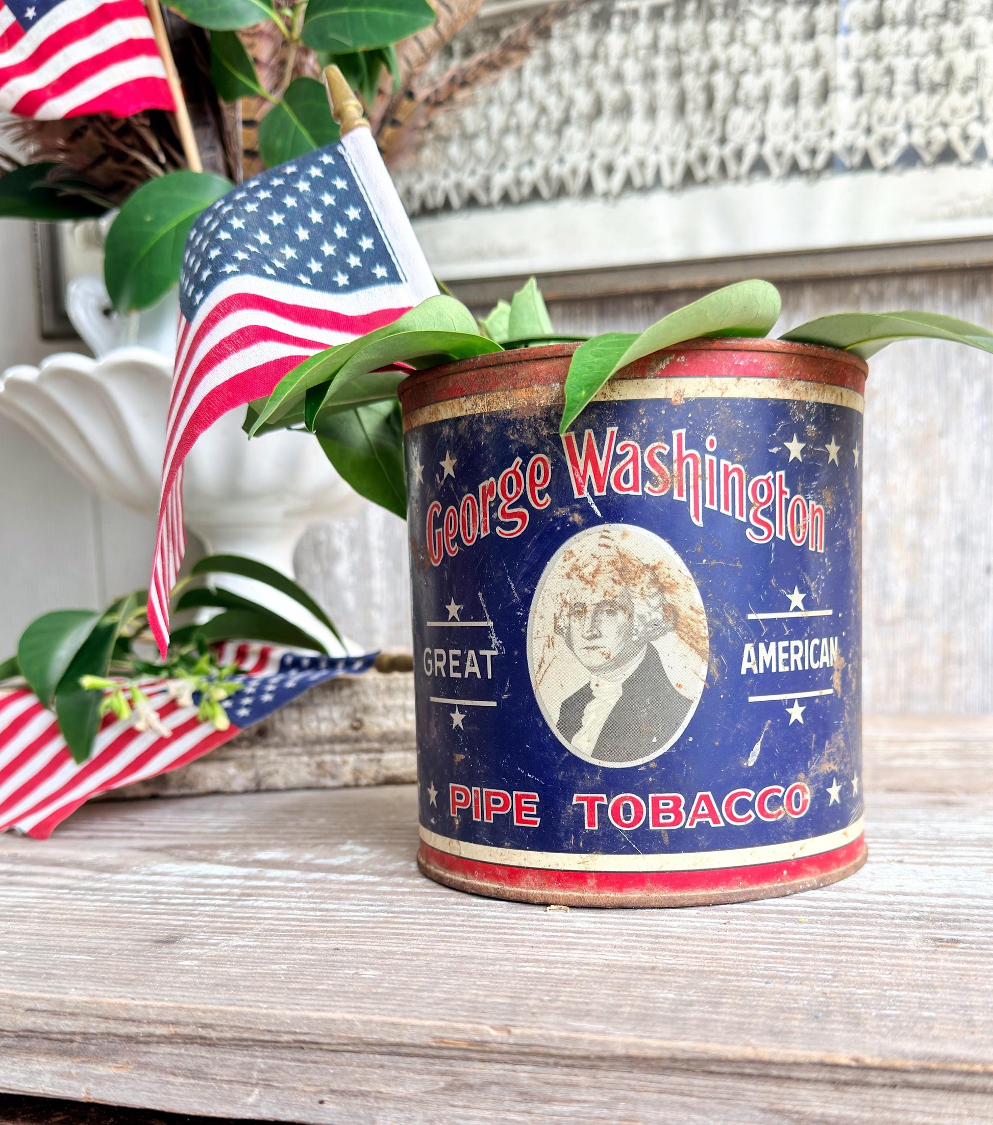 Vintage Washington Tobacco Tin Americana Patriotic Decor, Antique Advertising Canister, Rustic Farmhouse Storage