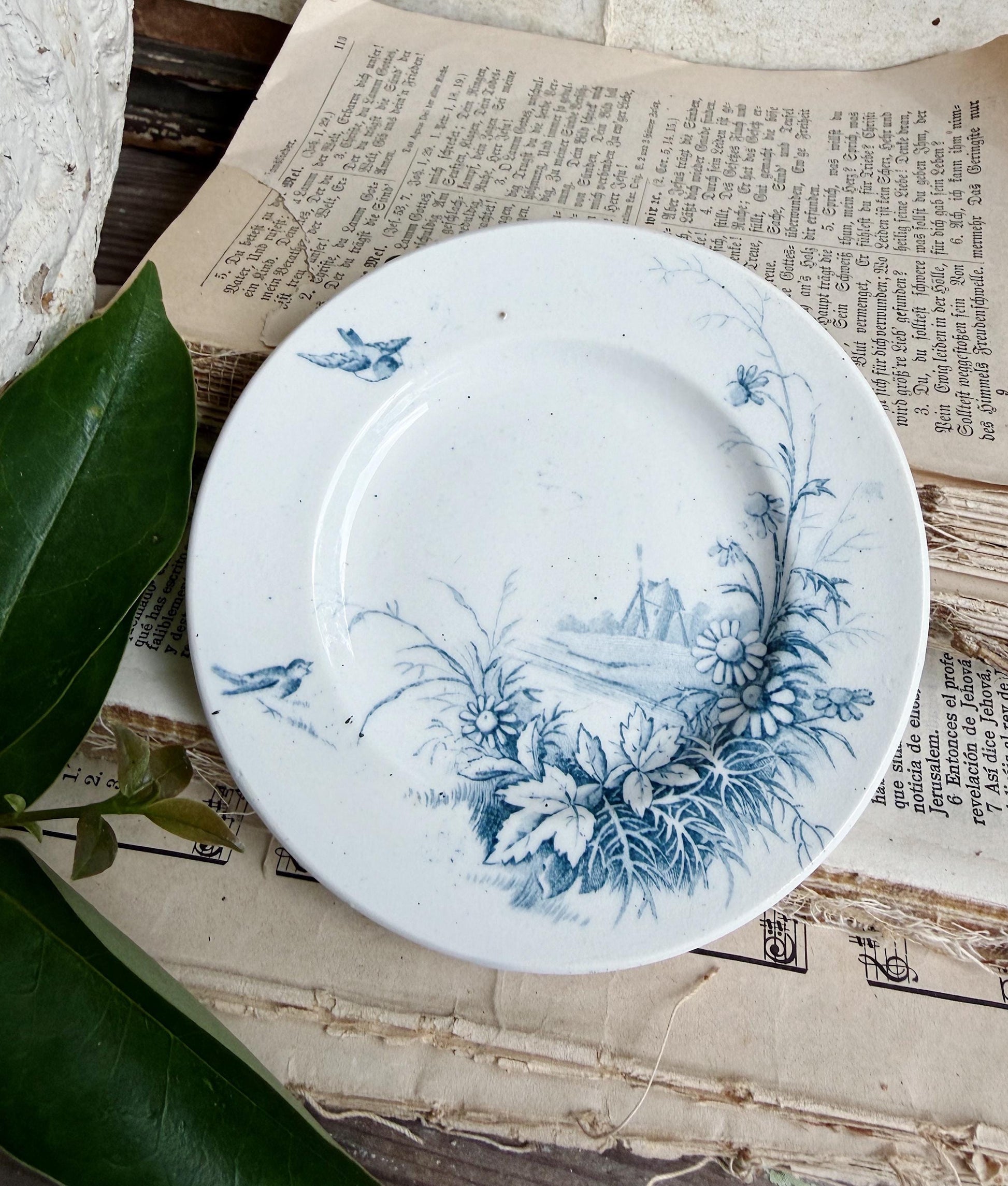 Antique French Faience Gien Plate, Blue Transferware Bird, Medailles D’Or France