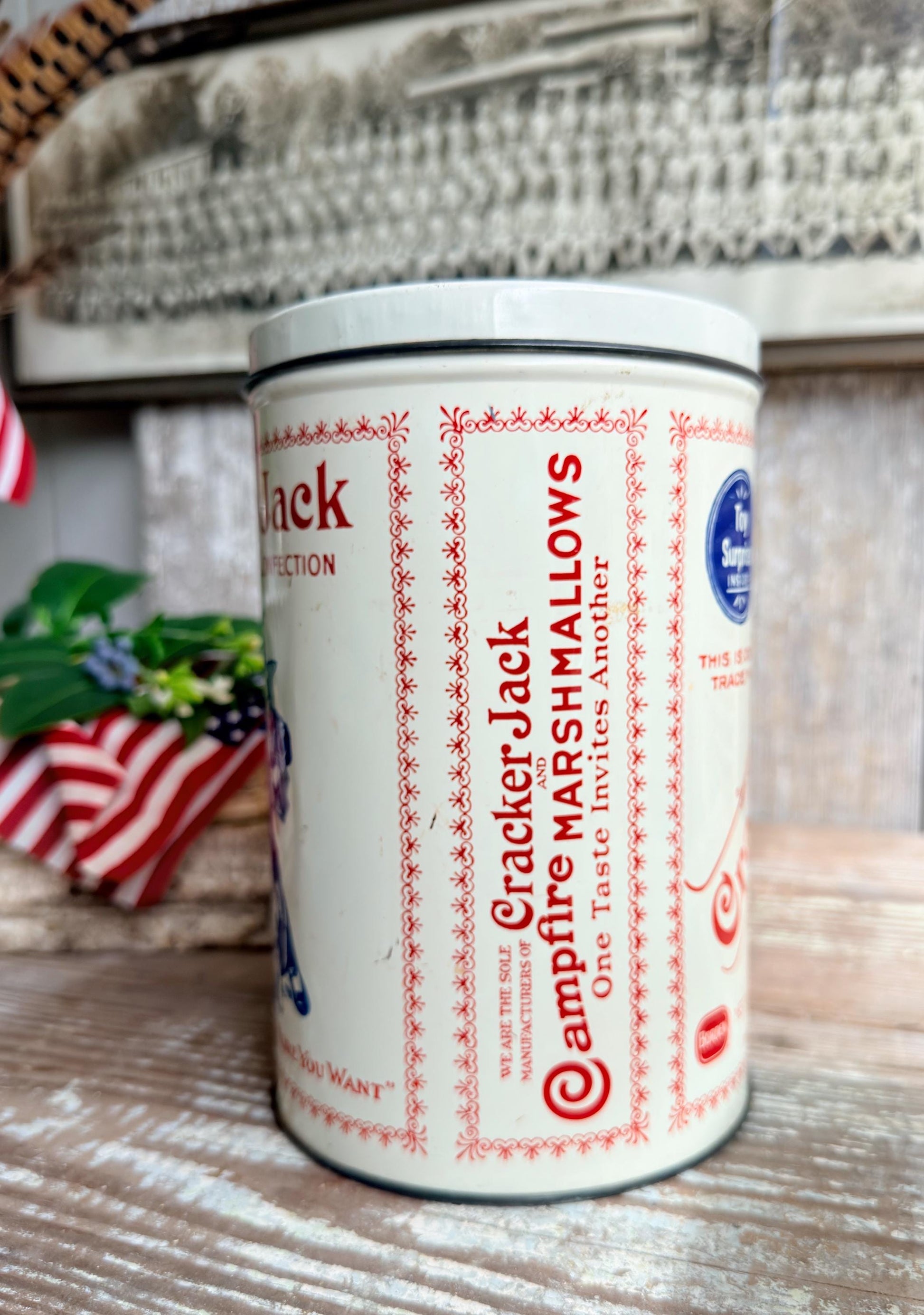 Vintage CRACKER JACK Tin Can Red White Blue Farmhouse Decor Industrial Salvage AMERICANA Decor 6 oz