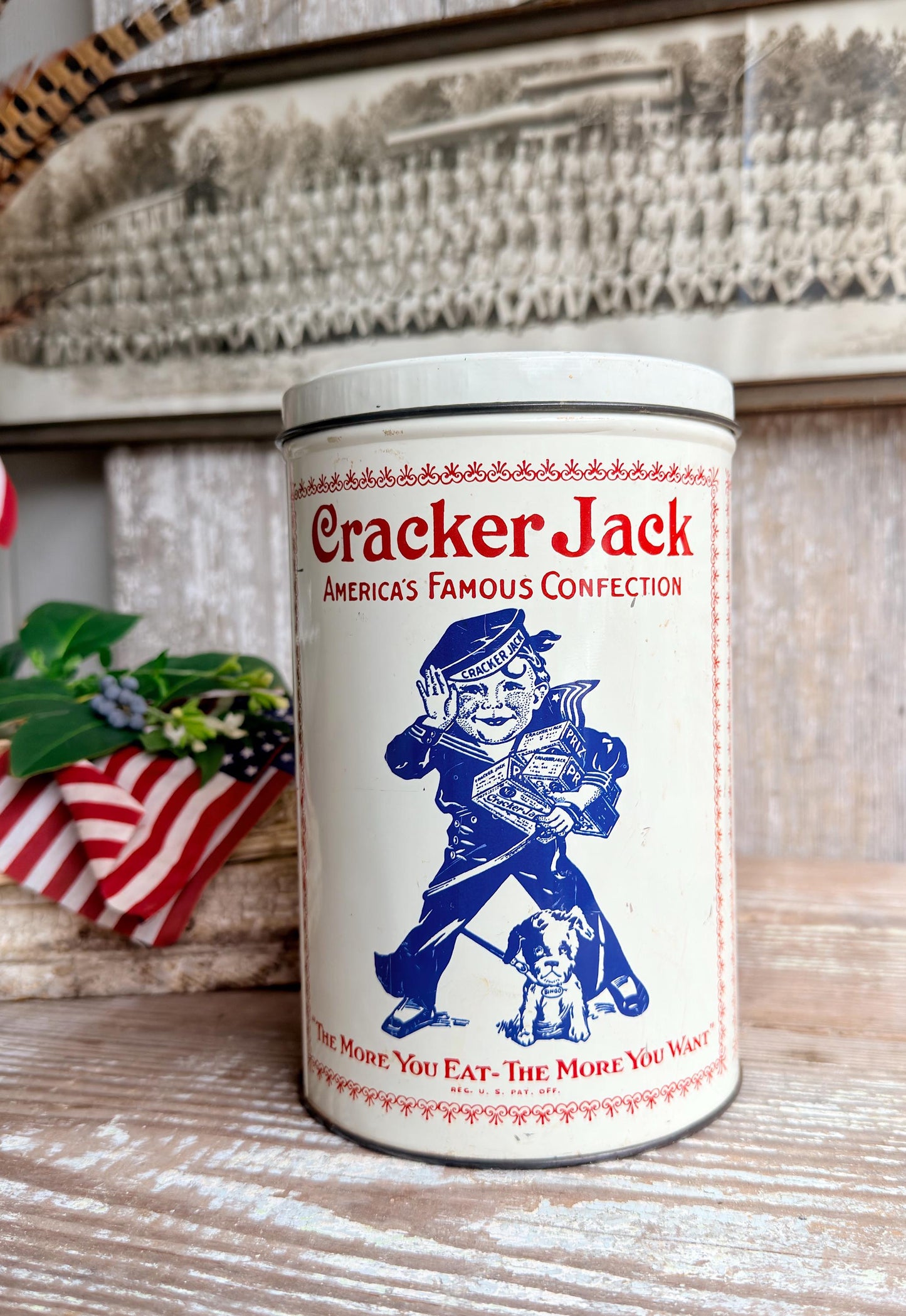Vintage CRACKER JACK Tin Can Red White Blue Farmhouse Decor Industrial Salvage AMERICANA Decor 6 oz