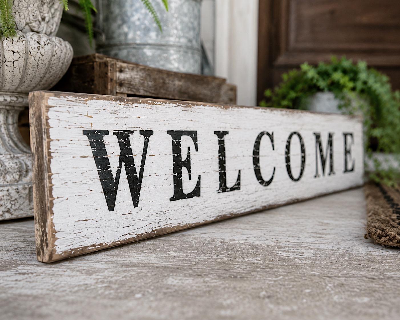WELCOME Sign, Farmhouse Chippy White, Reclaimed Barn Wood Salvage Decor