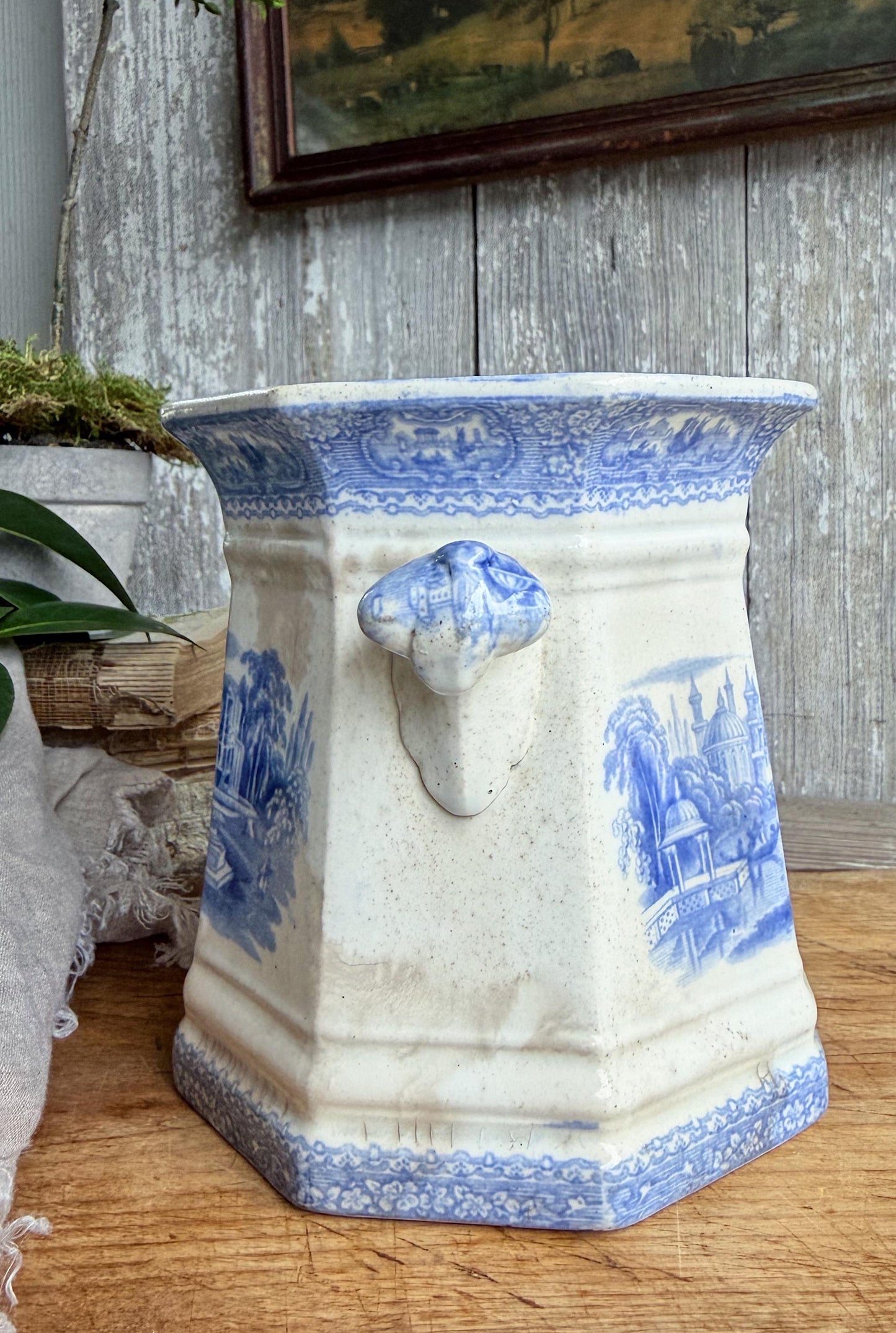 Antique Ironstone Sugar Biscuit Jar, English Blue Transferware Crazed