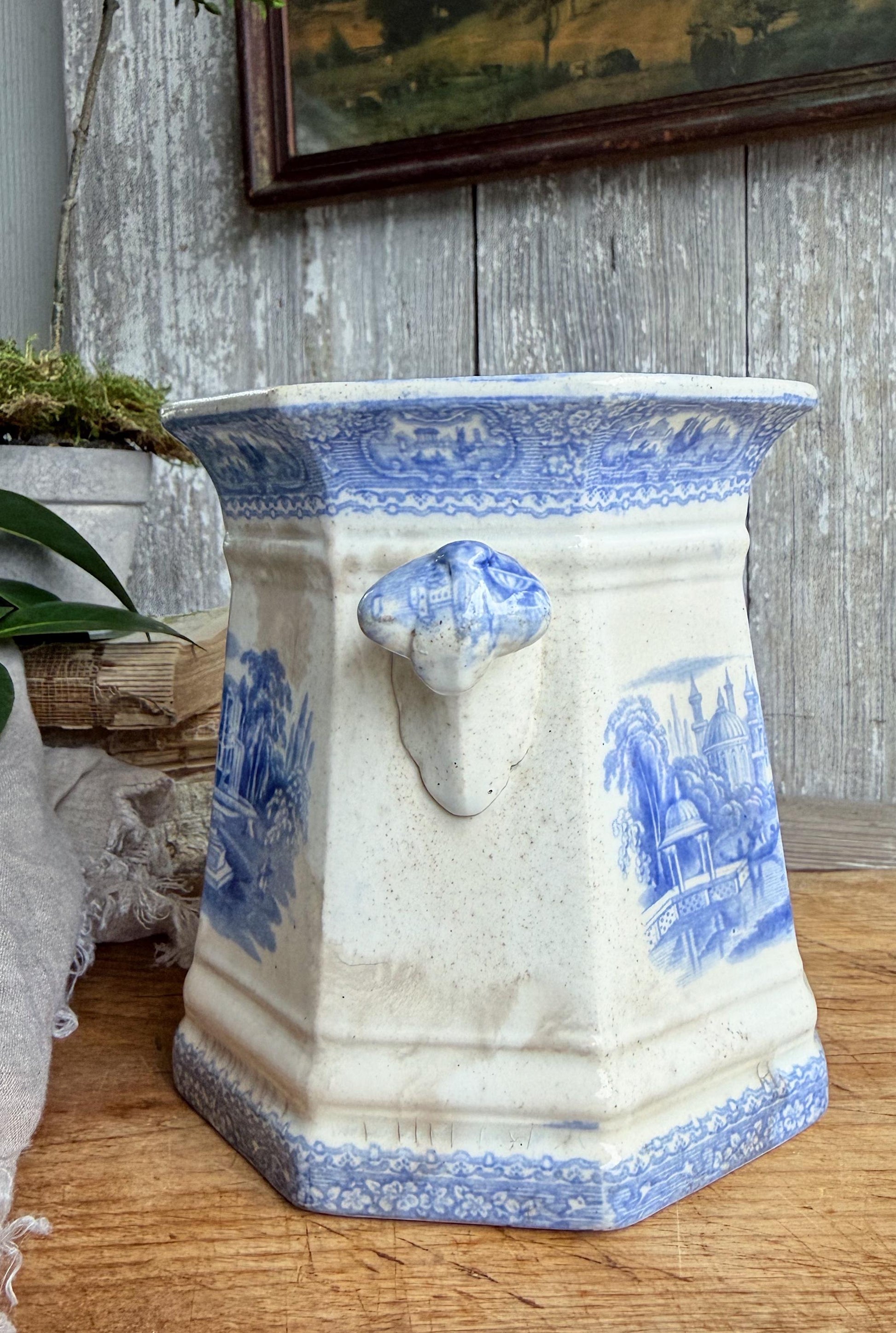 Antique Ironstone Sugar Biscuit Jar, English Blue Transferware Crazed