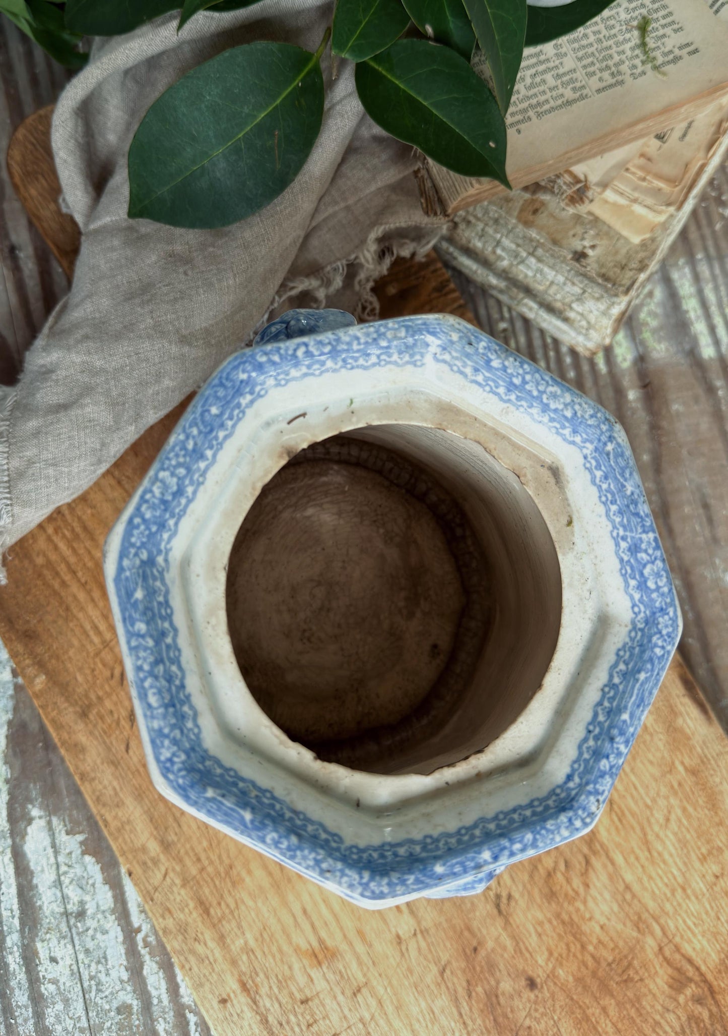 Antique Ironstone Sugar Biscuit Jar, English Blue Transferware Crazed