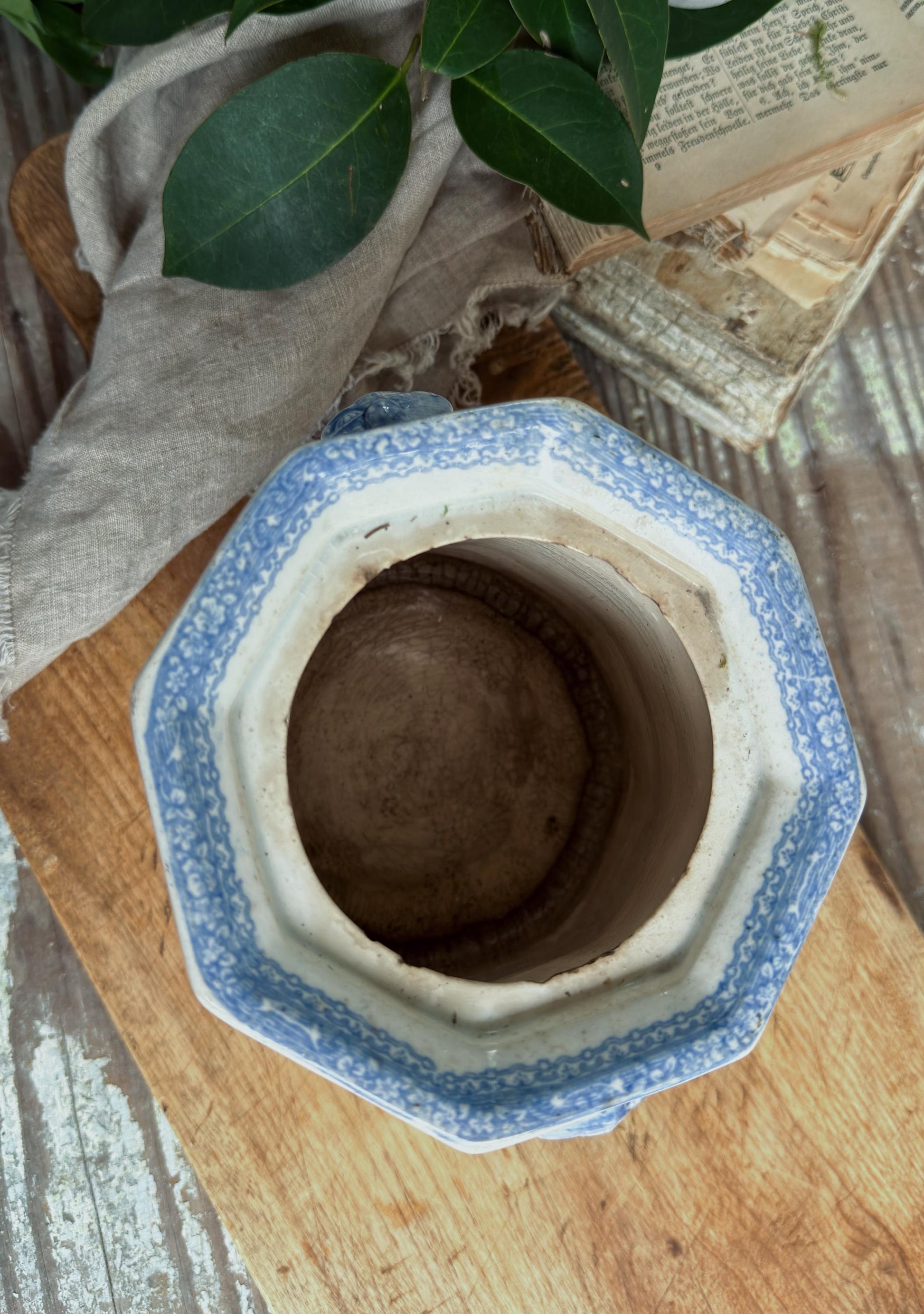 Antique Ironstone Sugar Biscuit Jar, English Blue Transferware Crazed