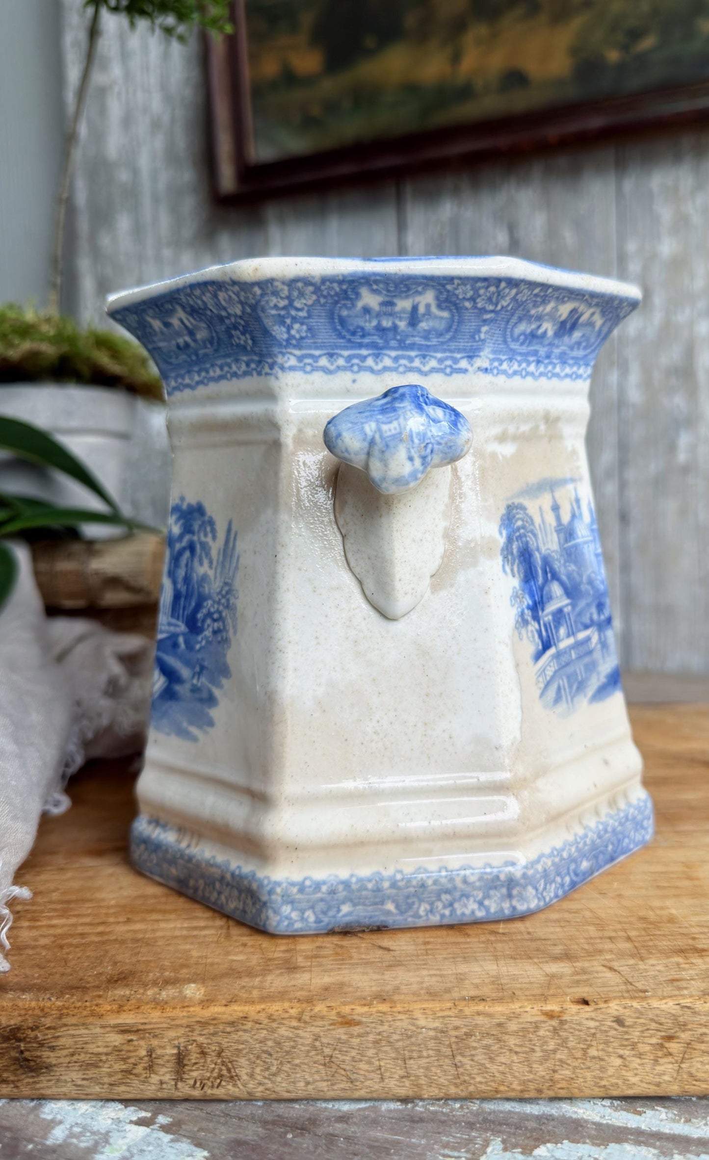 Antique Ironstone Sugar Biscuit Jar, English Blue Transferware Crazed