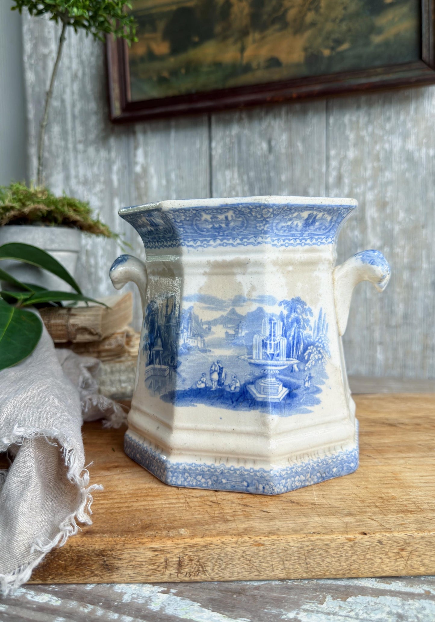 Antique Ironstone Sugar Biscuit Jar, English Blue Transferware Crazed