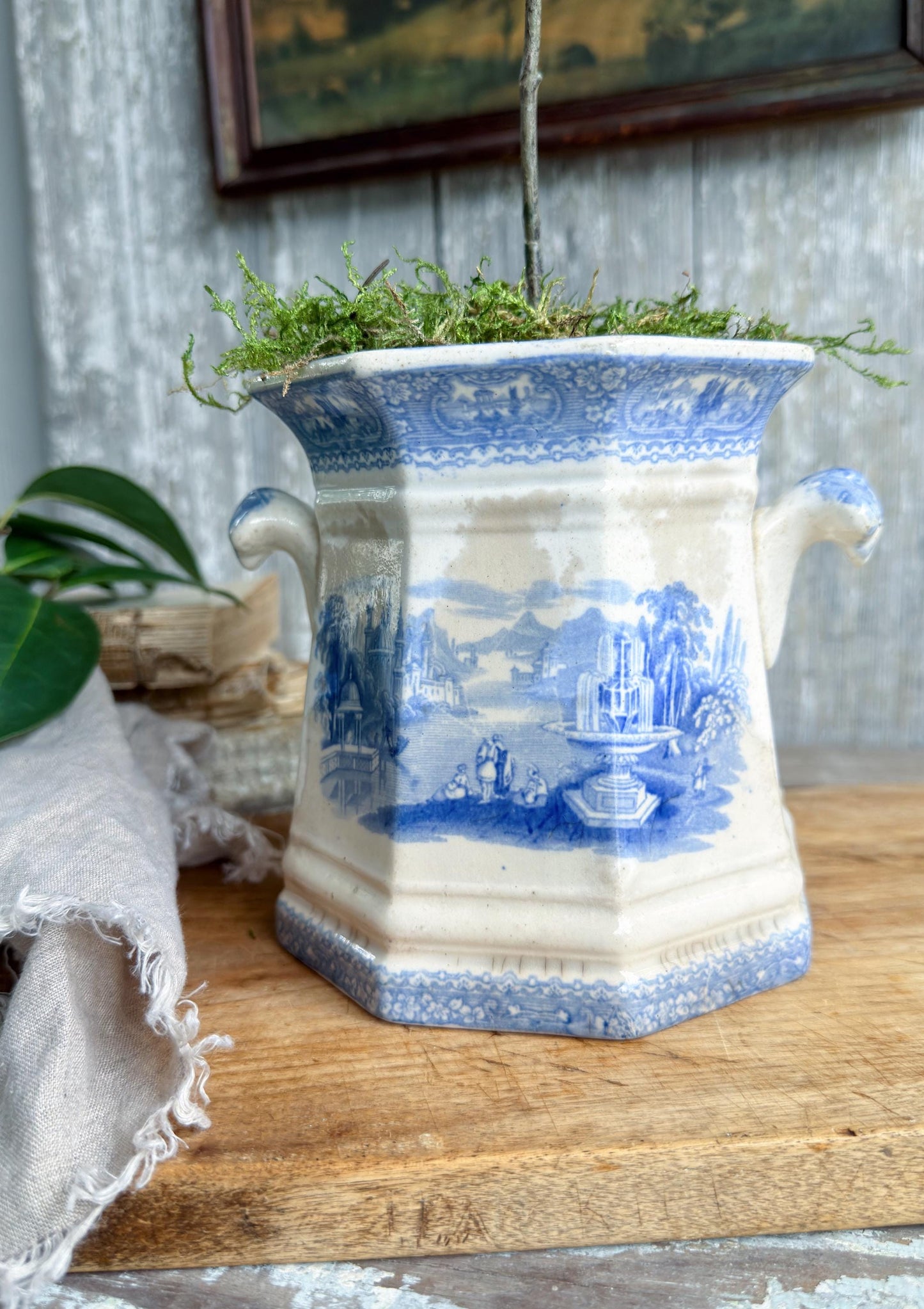 Antique Ironstone Sugar Biscuit Jar, English Blue Transferware Crazed