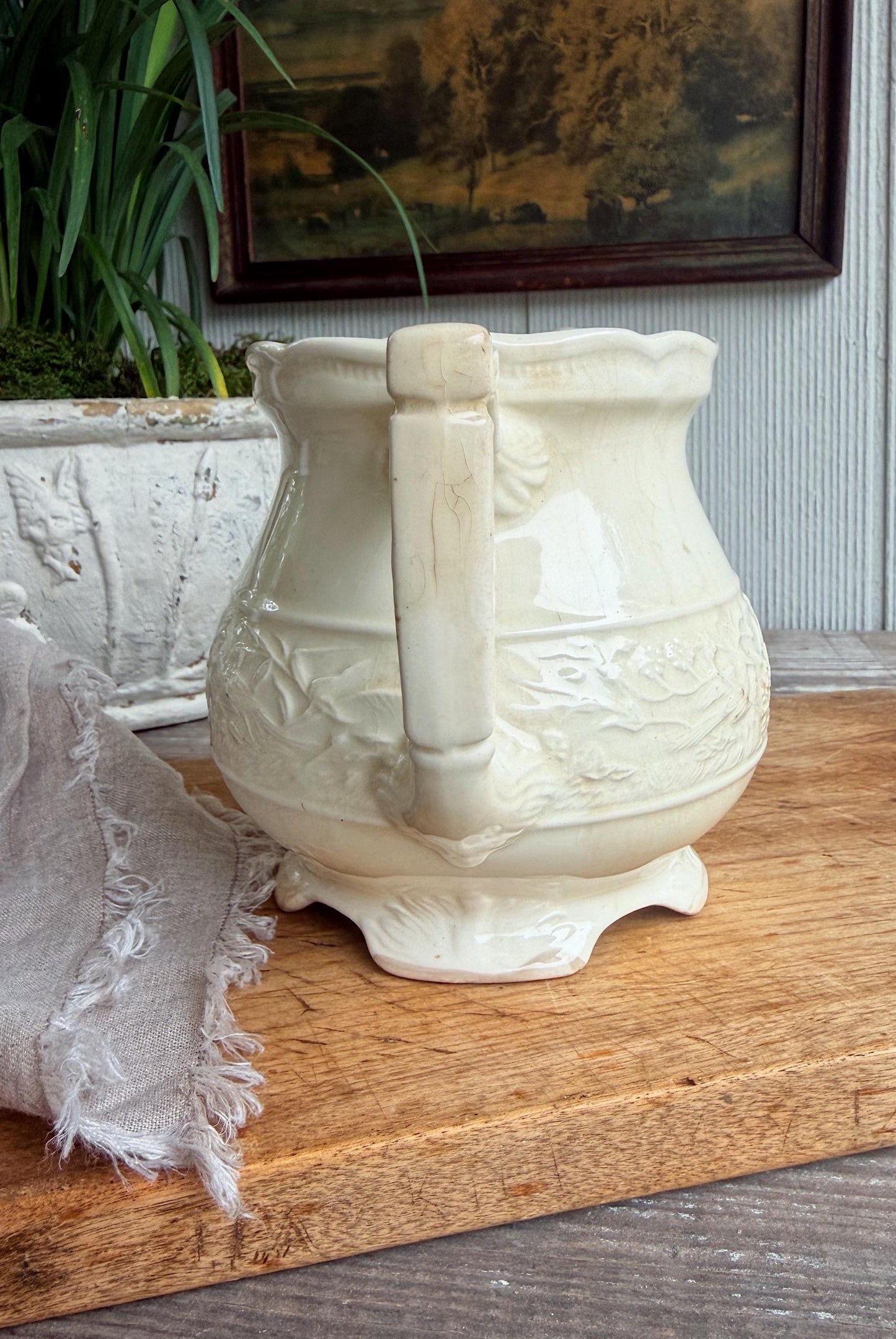 Antique Ironstone Pitcher, White Embossed Pitcher, Farmhouse Crazing
