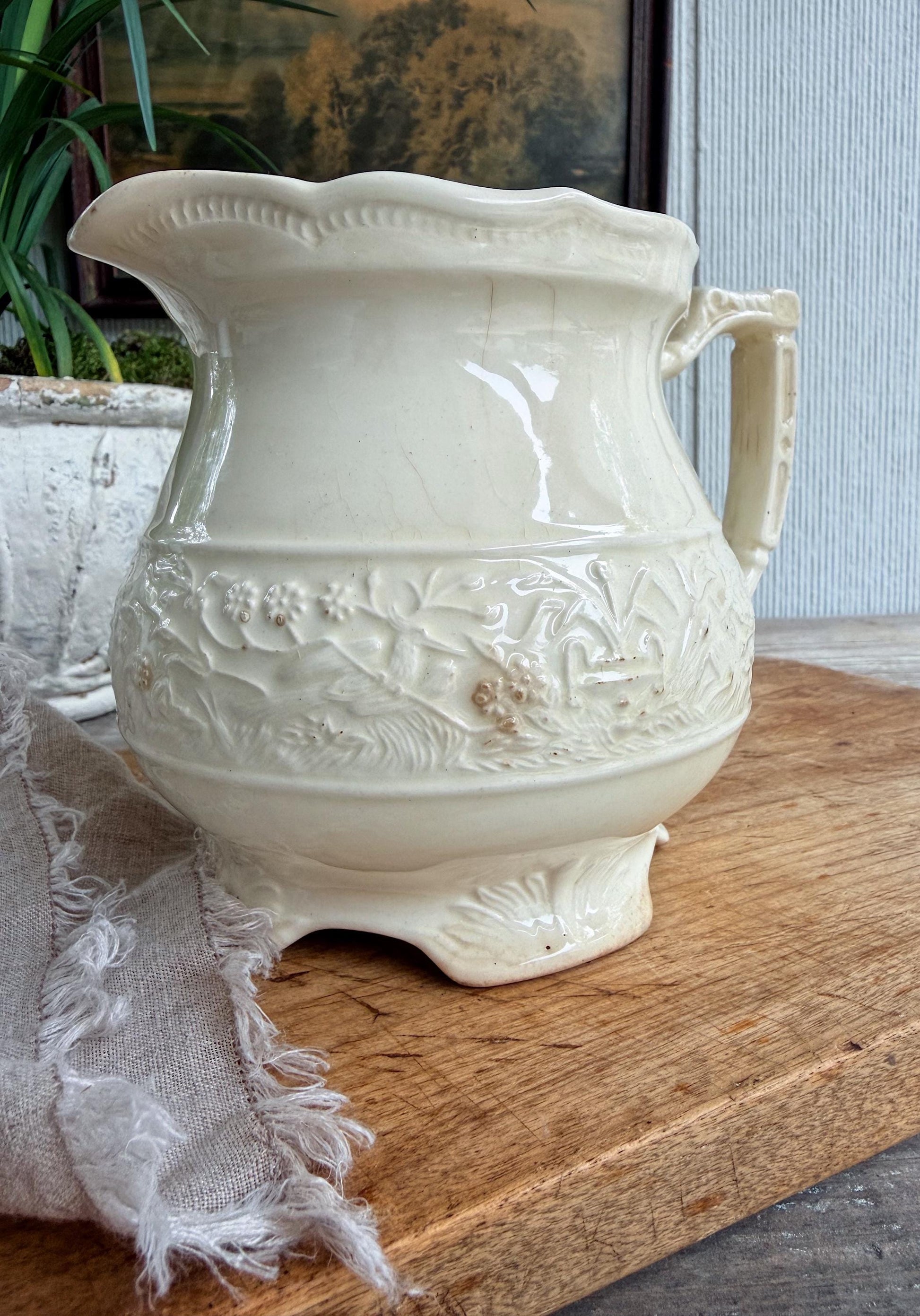 Antique Ironstone Pitcher, White Embossed Pitcher, Farmhouse Crazing