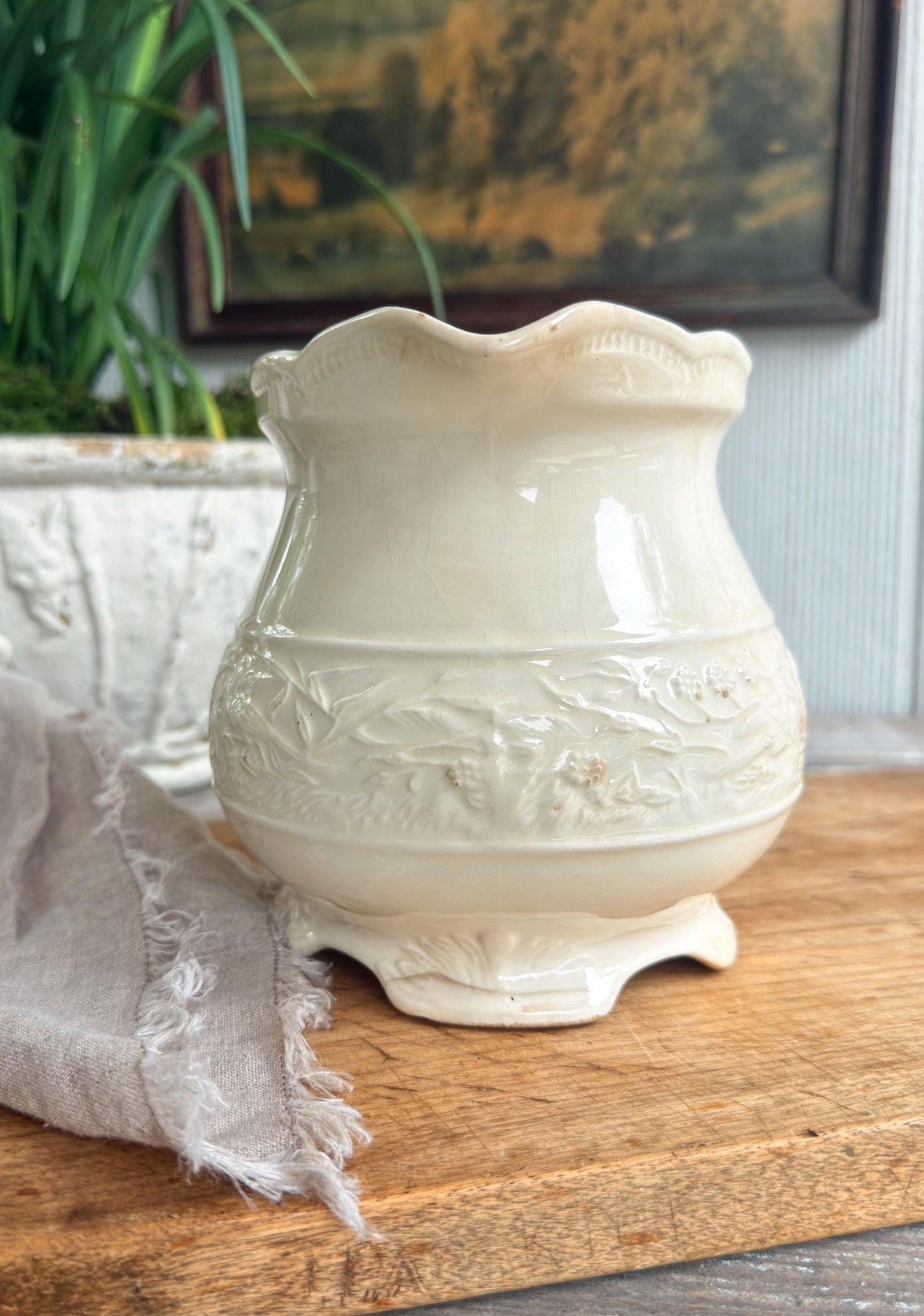Antique Ironstone Pitcher, White Embossed Pitcher, Farmhouse Crazing