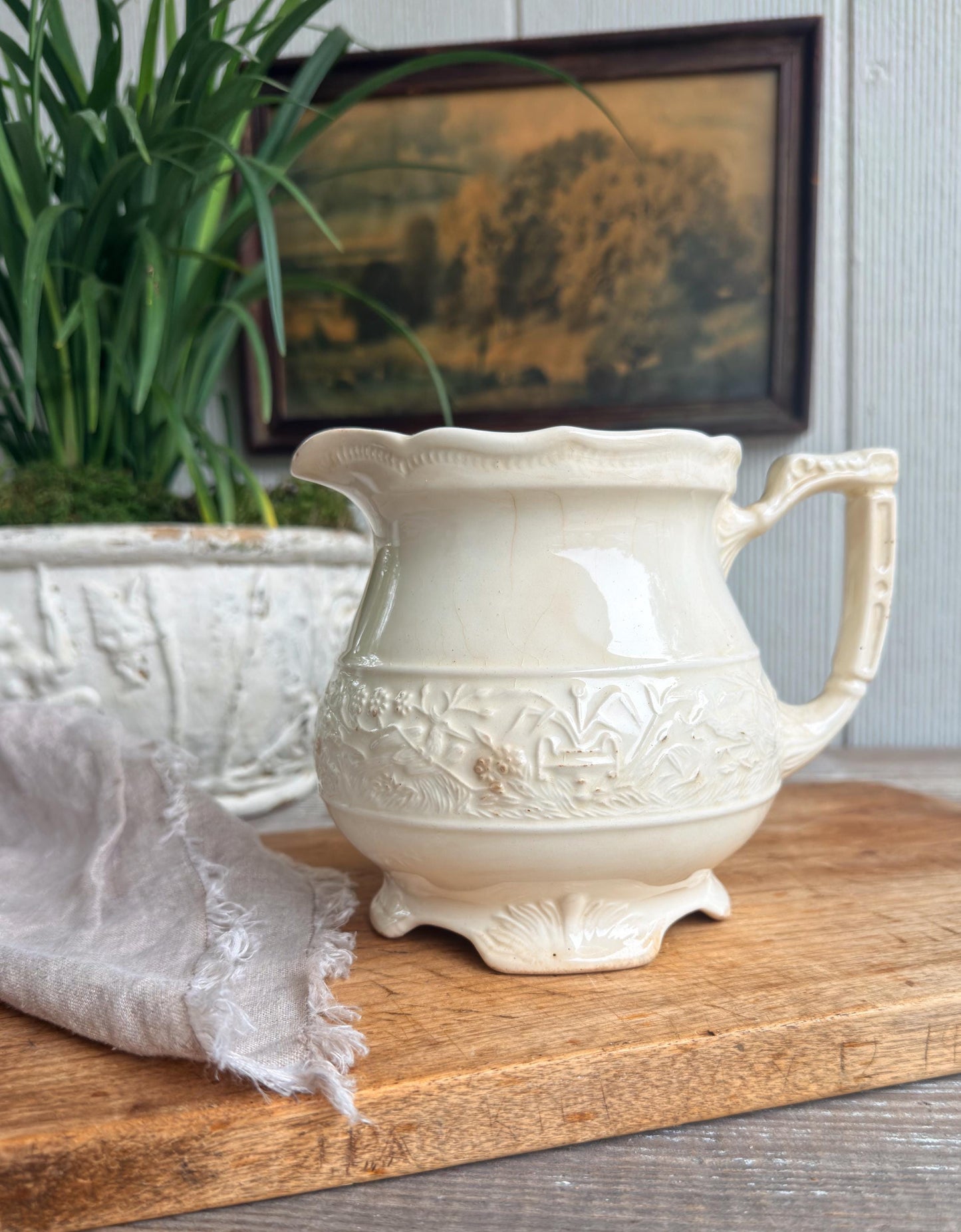Antique Ironstone Pitcher, White Embossed Pitcher, Farmhouse Crazing