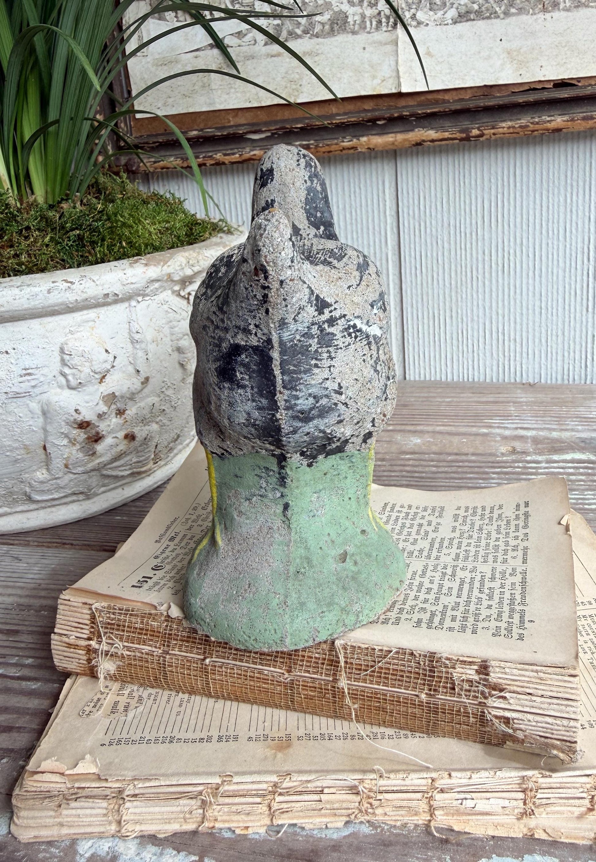 Vintage Concrete Bird Statue, Chippy Painted Garden Art, Farmhouse